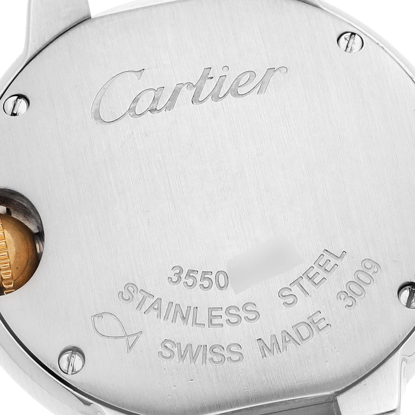 The image shows the back of a Cartier Ballon Bleu W2BB0010 Women's Steel and Gold (two tone) White Dial W2BB0010 Women's Steel and Gold (two tone) White Dial watch, highlighting the stainless steel case and engraved details.