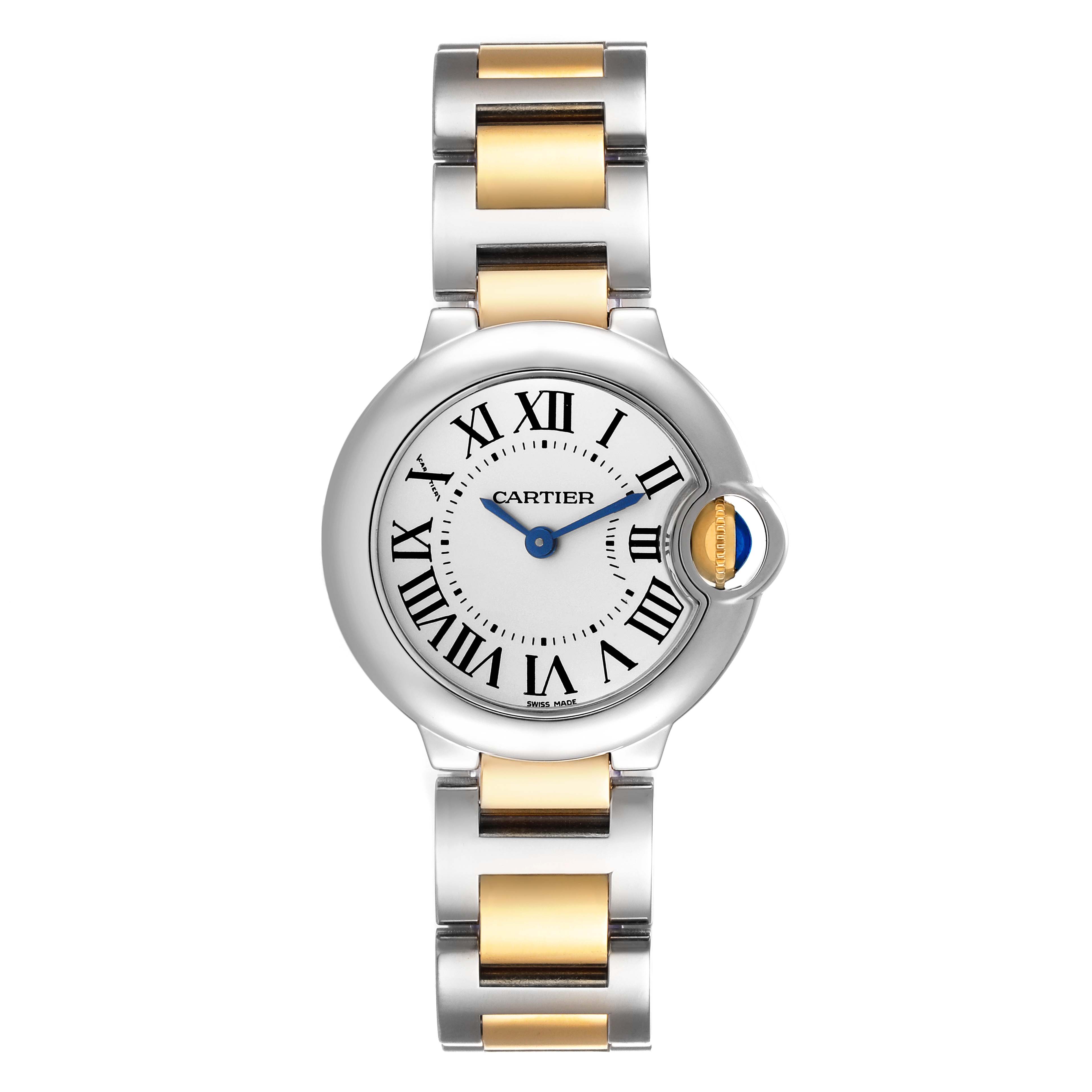 This image shows a front angle view of the Ballon Bleu de Cartier watch featuring a two-tone metal bracelet and Roman numeral markers.
