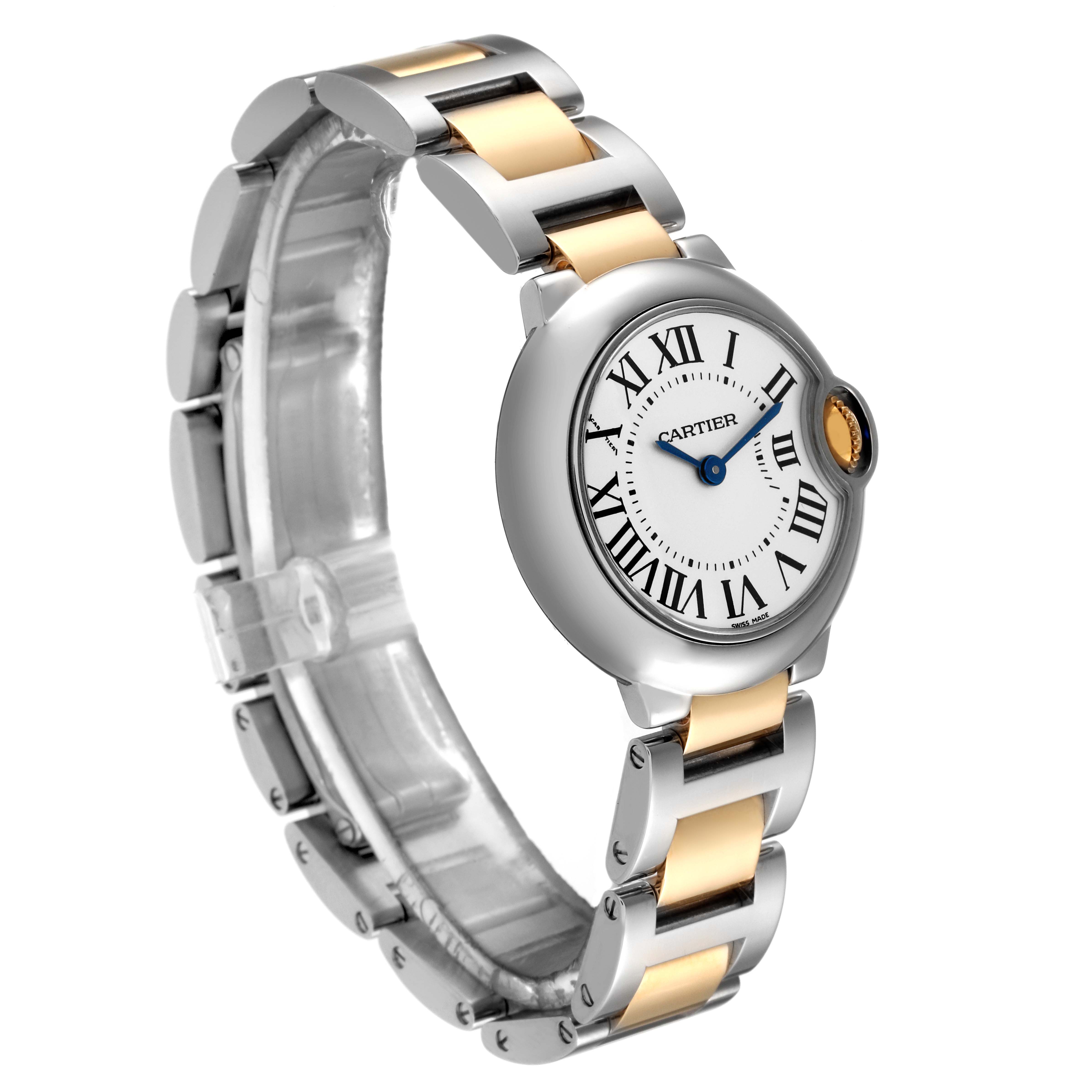 The image shows a side and front angle of a Cartier Ballon Bleu W2BB0010 Women's Steel and Gold (two tone) White Dial W2BB0010 Women's Steel and Gold (two tone) White Dial watch, showcasing its metal and gold bracelet and Roman numeral dial.