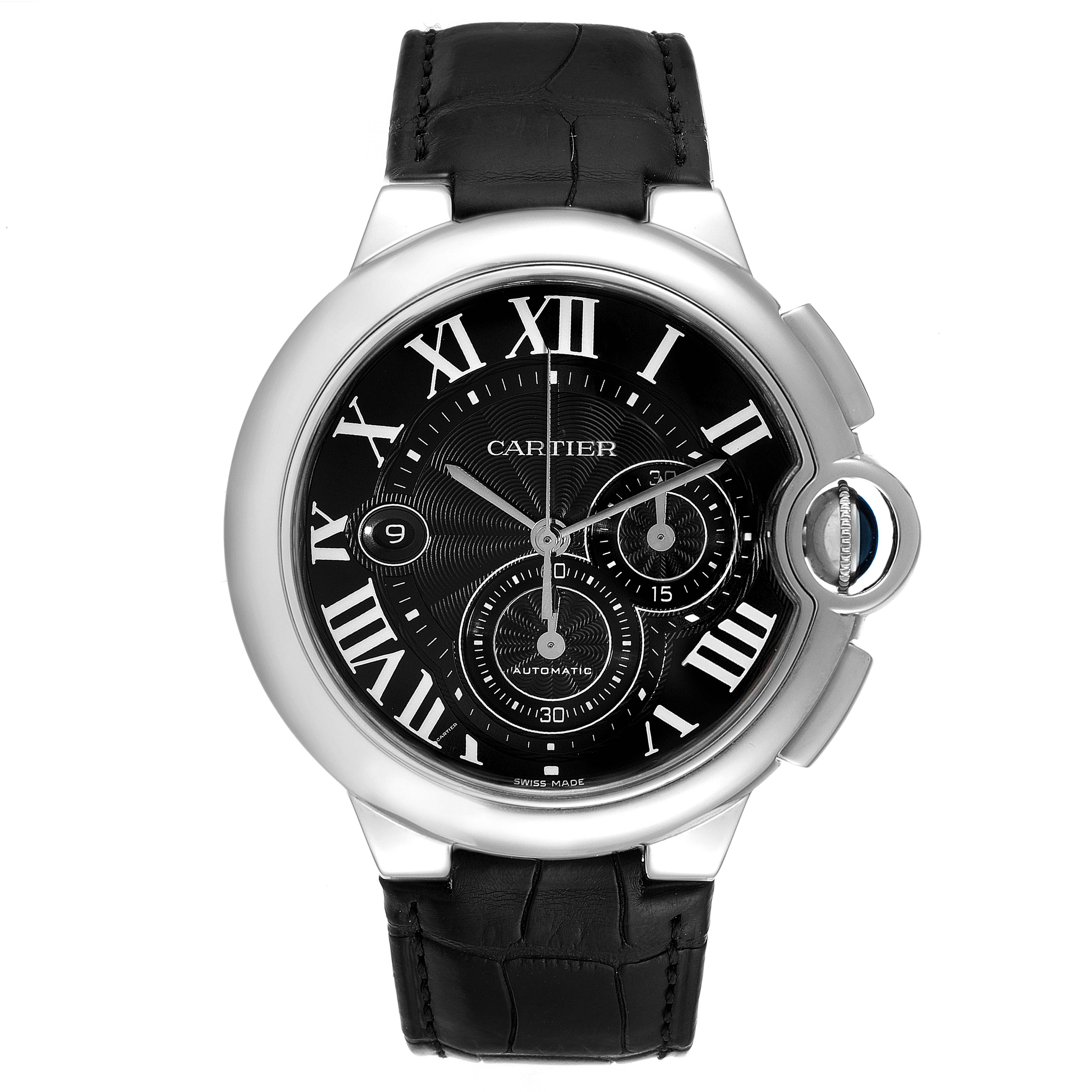 This is a front view of a Cartier Ballon Bleu W6920052 Men
s Stainless Steel Black Dial W6920052 Men
s Stainless Steel Black Dial watch showing the face, bezel, and strap clearly.