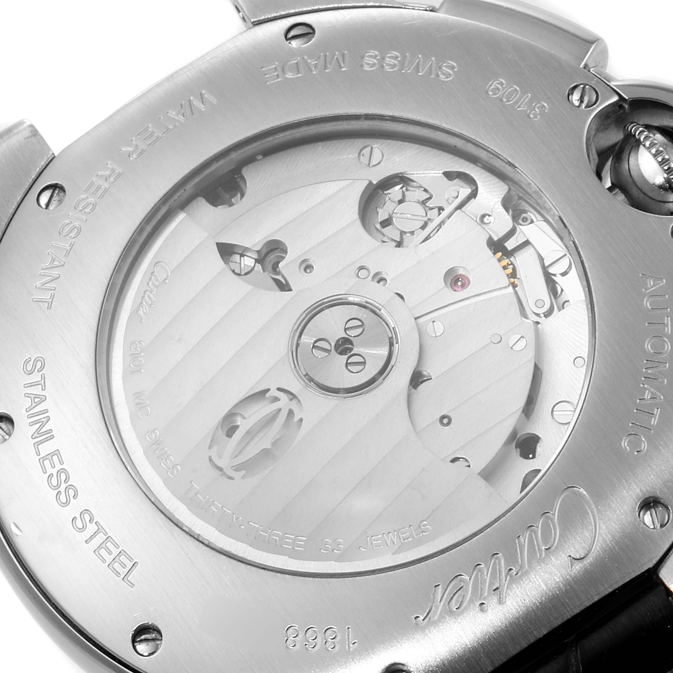 The image shows the back view of the Cartier Ballon Bleu W6920052 Men
s Stainless Steel Black Dial W6920052 Men
s Stainless Steel Black Dial watch, showcasing its automatic movement and stainless steel casing.