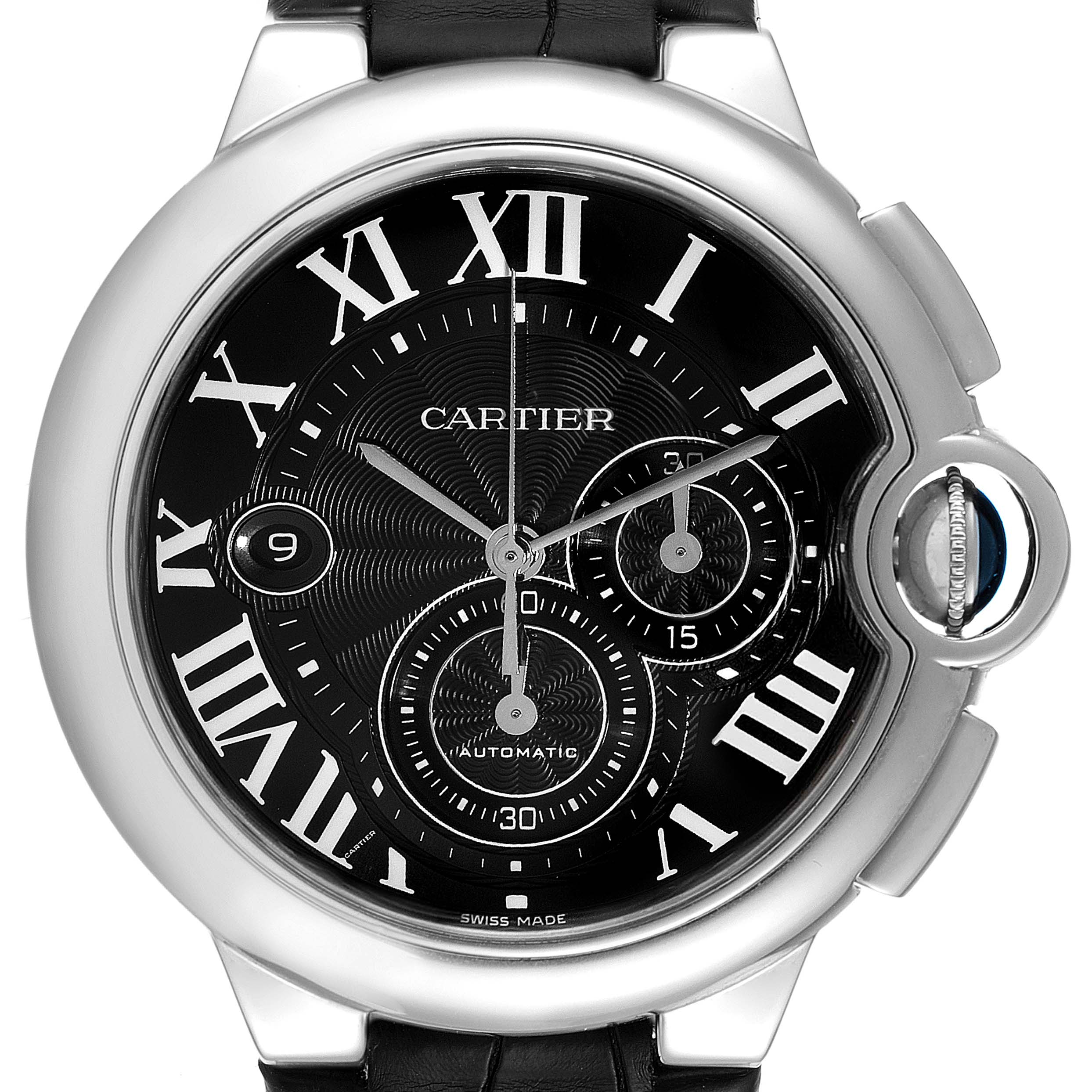 The image shows a front view of a Cartier Ballon Bleu W6920052 Men
s Stainless Steel Black Dial W6920052 Men
s Stainless Steel Black Dial watch displaying its black dial and chronograph features.