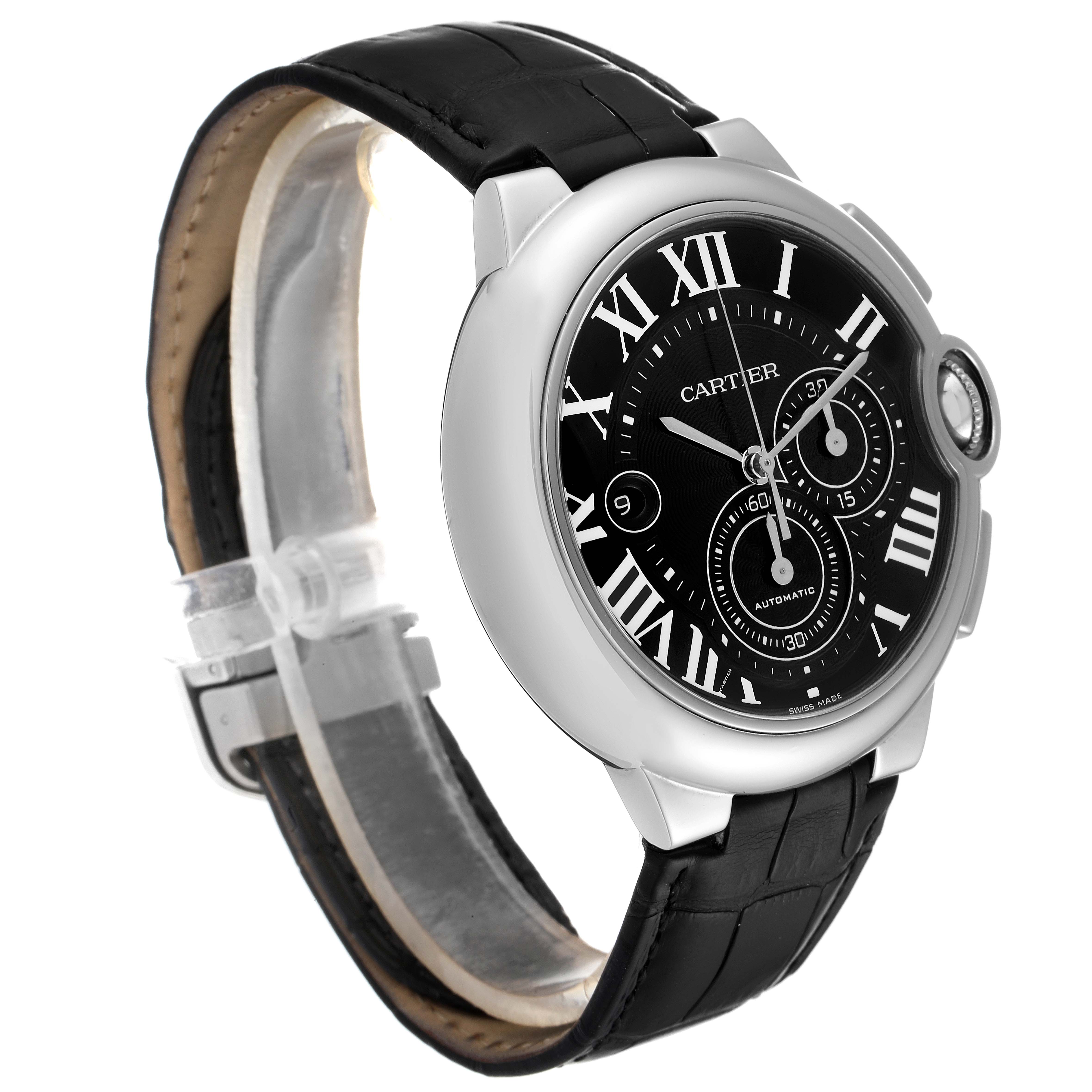 The image shows a Cartier Ballon Bleu W6920052 Men
s Stainless Steel Black Dial W6920052 Men
s Stainless Steel Black Dial watch from an angled front-side view, highlighting the face, bezel, crown, and leather strap.