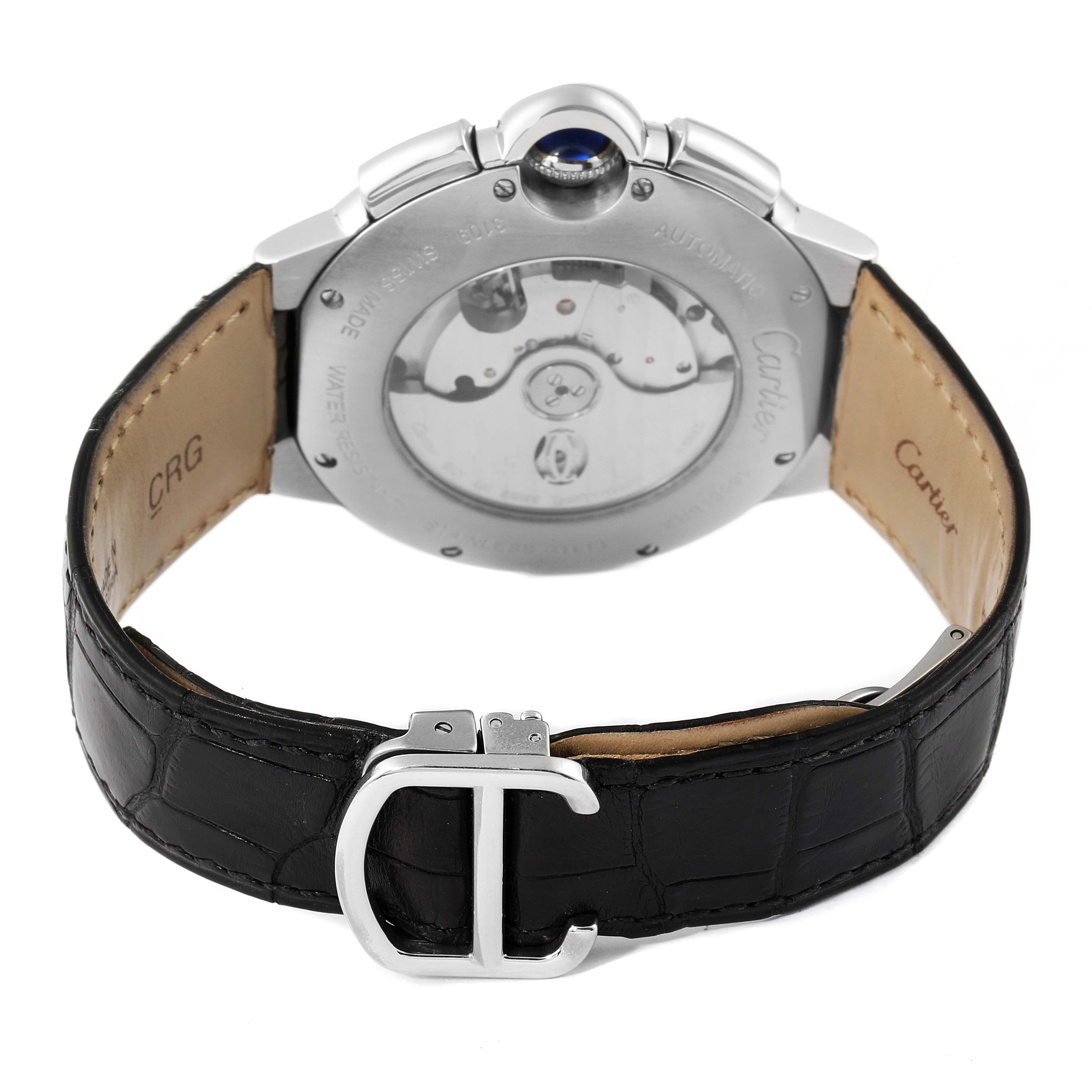 The image shows the back view of the Cartier Ballon Bleu W6920052 Men
s Stainless Steel Black Dial W6920052 Men
s Stainless Steel Black Dial watch, detailing the leather strap and the mechanical movement visible through the case back.