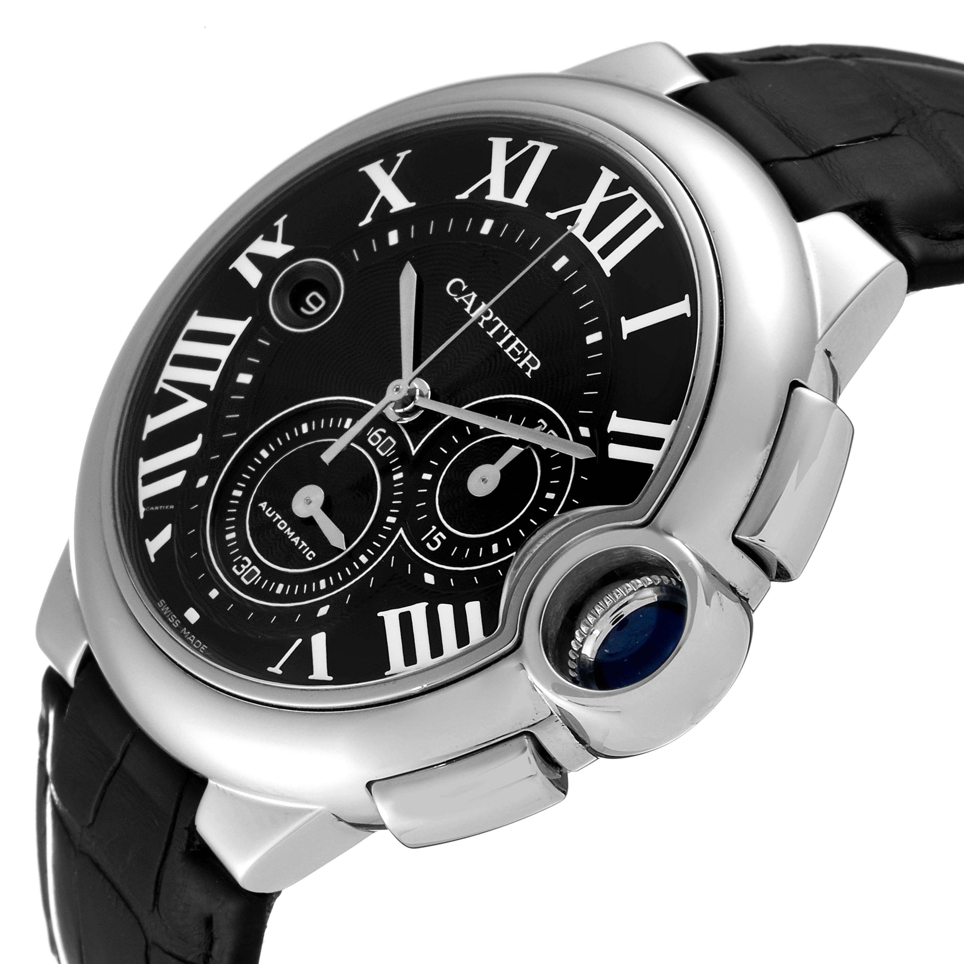 The image shows a side angle of the Cartier Ballon Bleu W6920052 Men
s Stainless Steel Black Dial W6920052 Men
s Stainless Steel Black Dial watch, highlighting its black dial, Roman numerals, subdials, and crown with a blue cabochon.