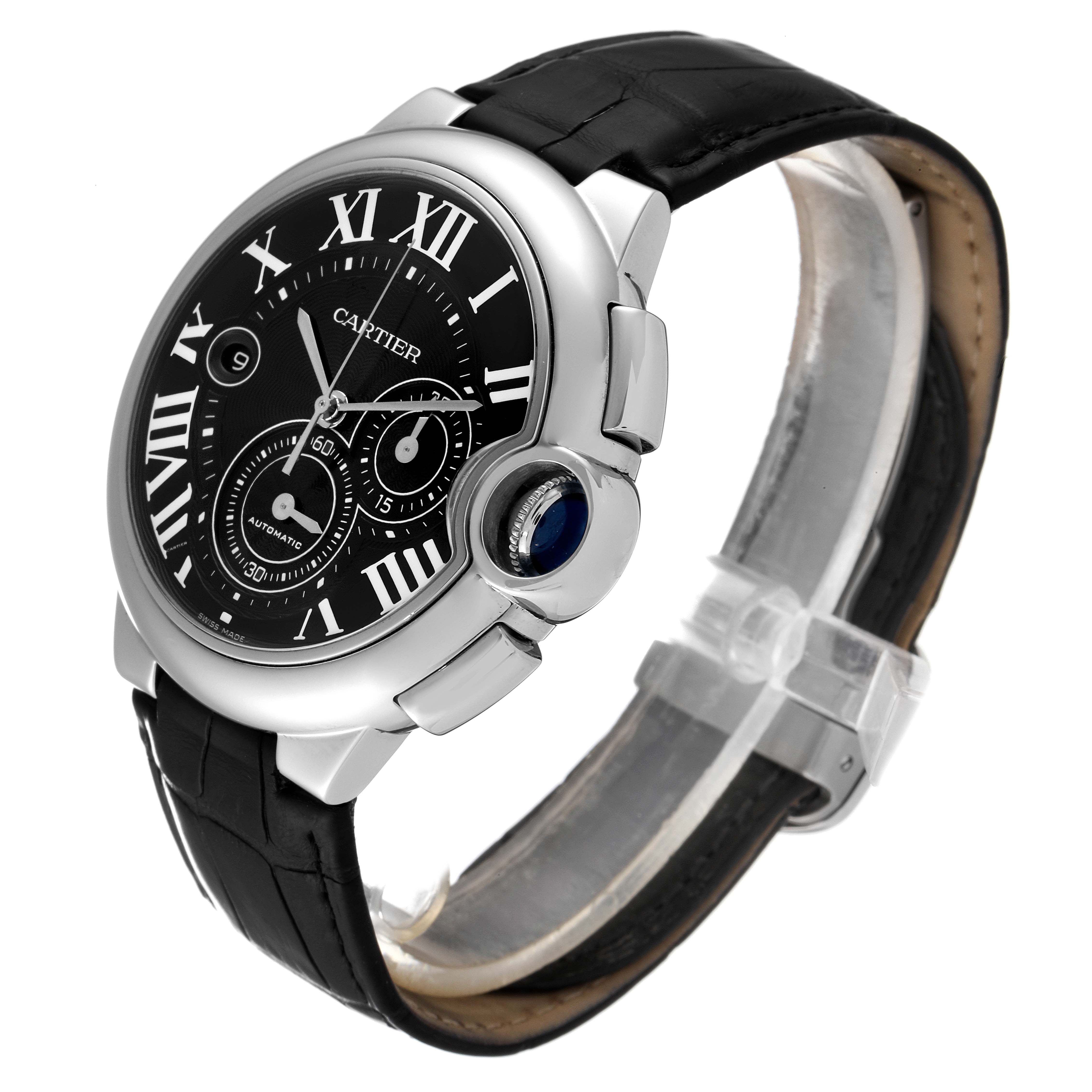 The image shows a Cartier Ballon Bleu W6920052 Men
s Stainless Steel Black Dial W6920052 Men
s Stainless Steel Black Dial watch from a side angle, highlighting its black leather strap and black dial with Roman numerals.