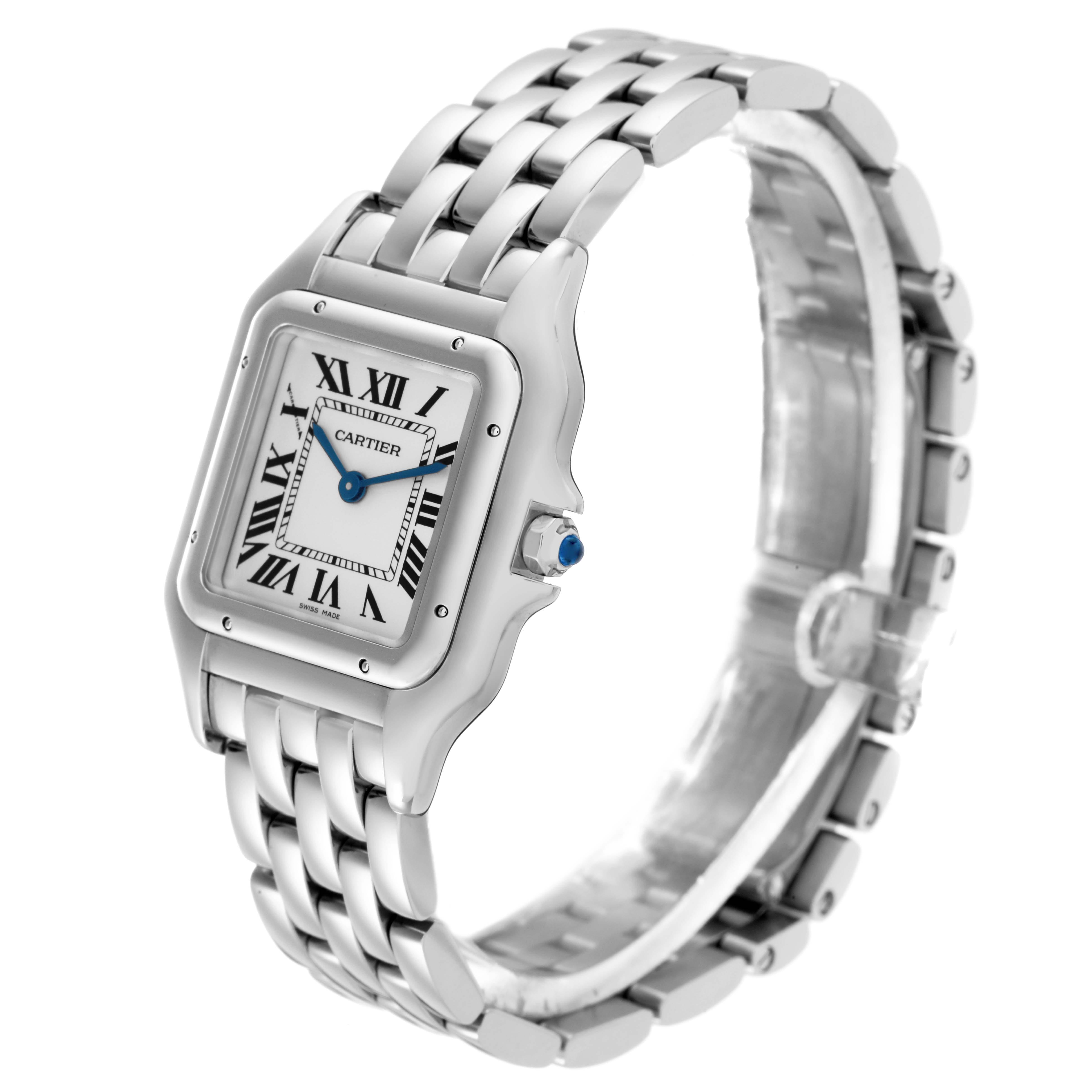 The Cartier Panthere WSPN0007 men's watch is shown at a three-quarter angle, highlighting the square face, Roman numerals, and stainless steel bracelet.