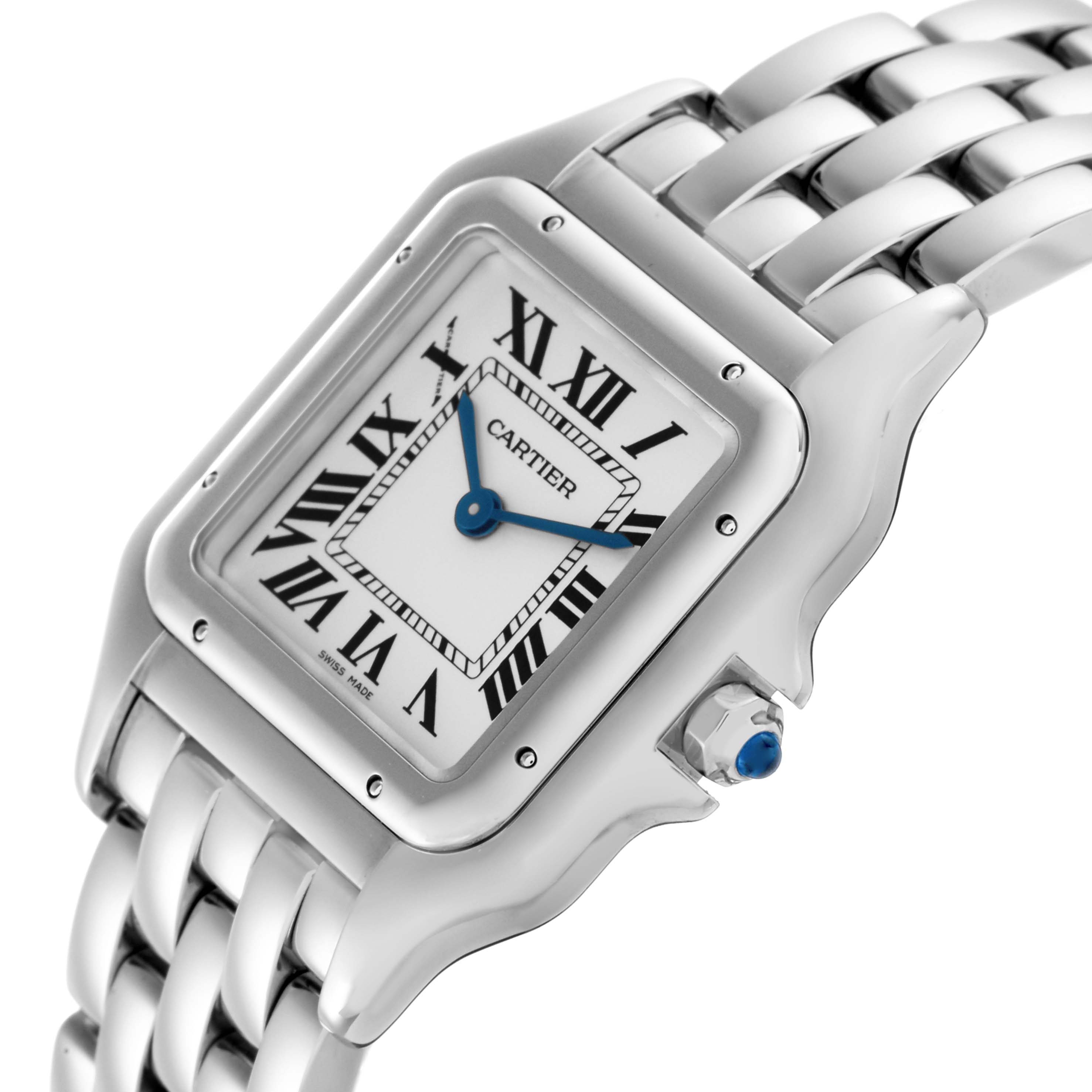 The Cartier Panthere WSPN0007 men's watch is displayed at an angle showing the face, Roman numerals, the bracelet, and a blue cabochon on the crown.