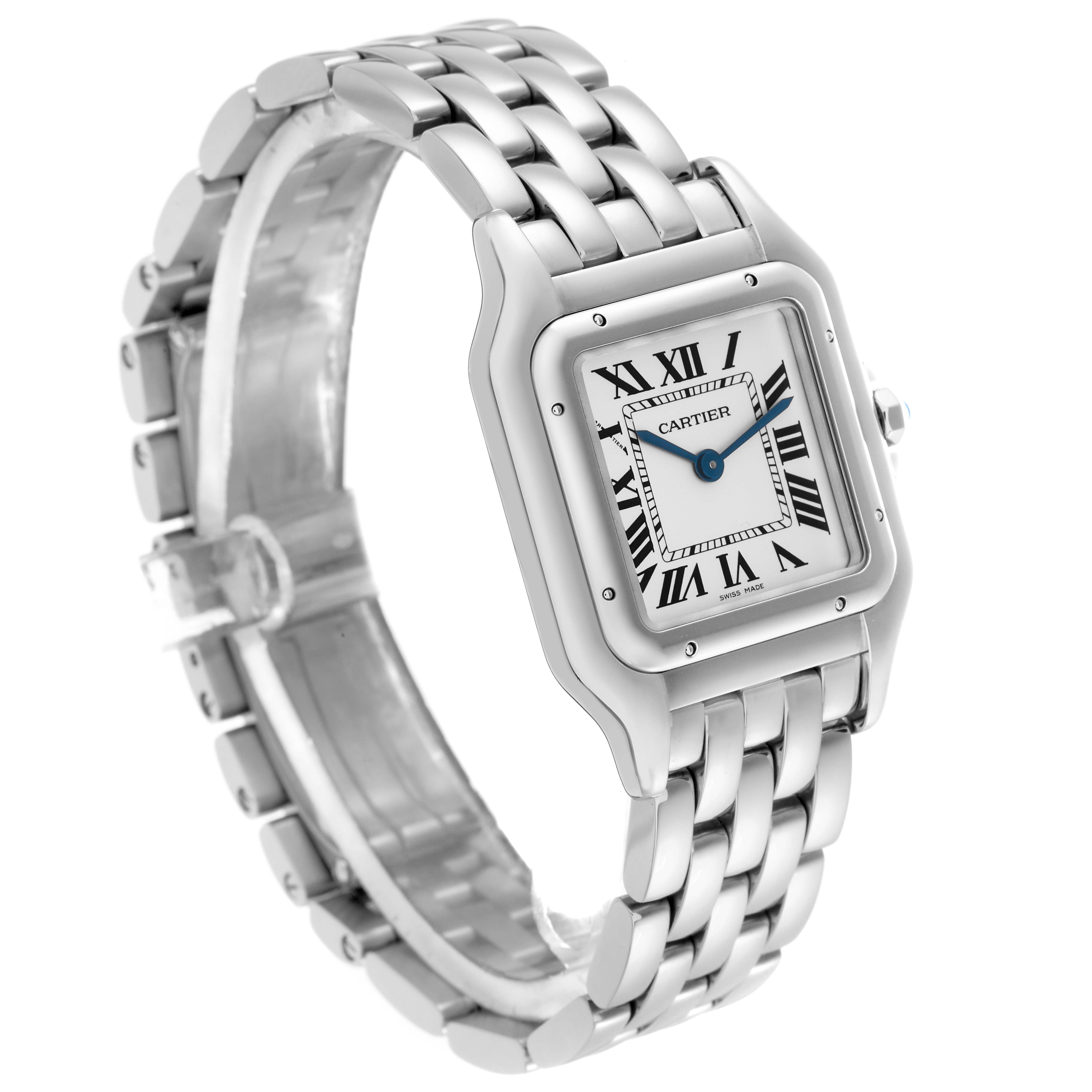The image shows a Cartier Panthère men's watch, model number WSPN0007, at an angled view highlighting the bracelet and face with Roman numerals.