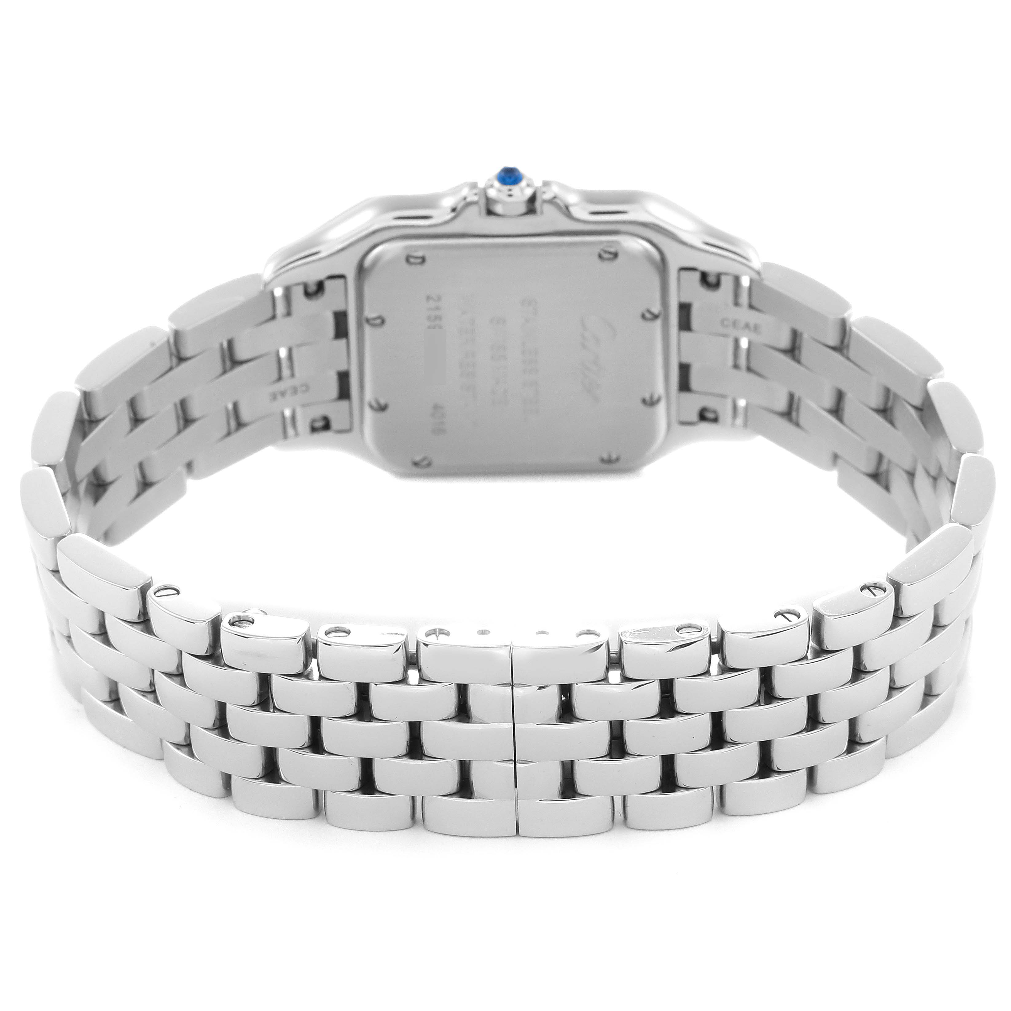 The image shows the back view of the Cartier Panthere WSPN0007 men's watch, highlighting the case back and metal bracelet.