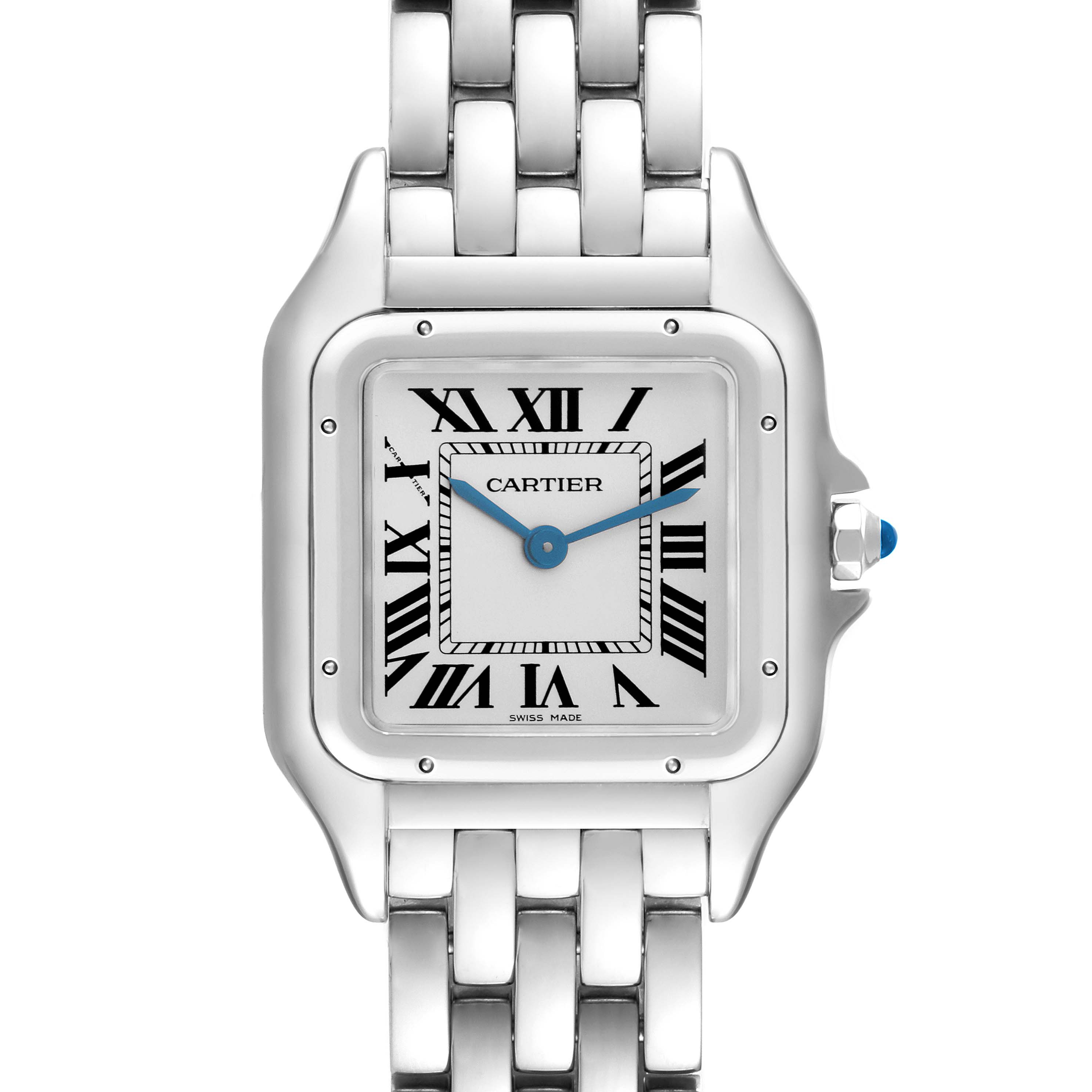 The image shows a frontal view of the Cartier Panthère model WSPN0007 men's watch, highlighting the dial, bezel, and bracelet.