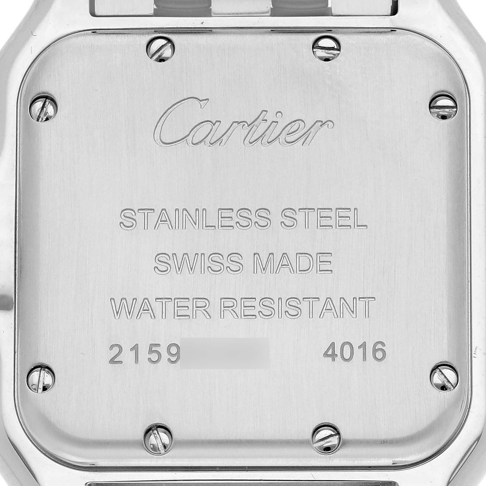 The image shows the back of a Cartier Panthere model WSPN0007 men's watch, displaying markings and screws on its stainless steel case.