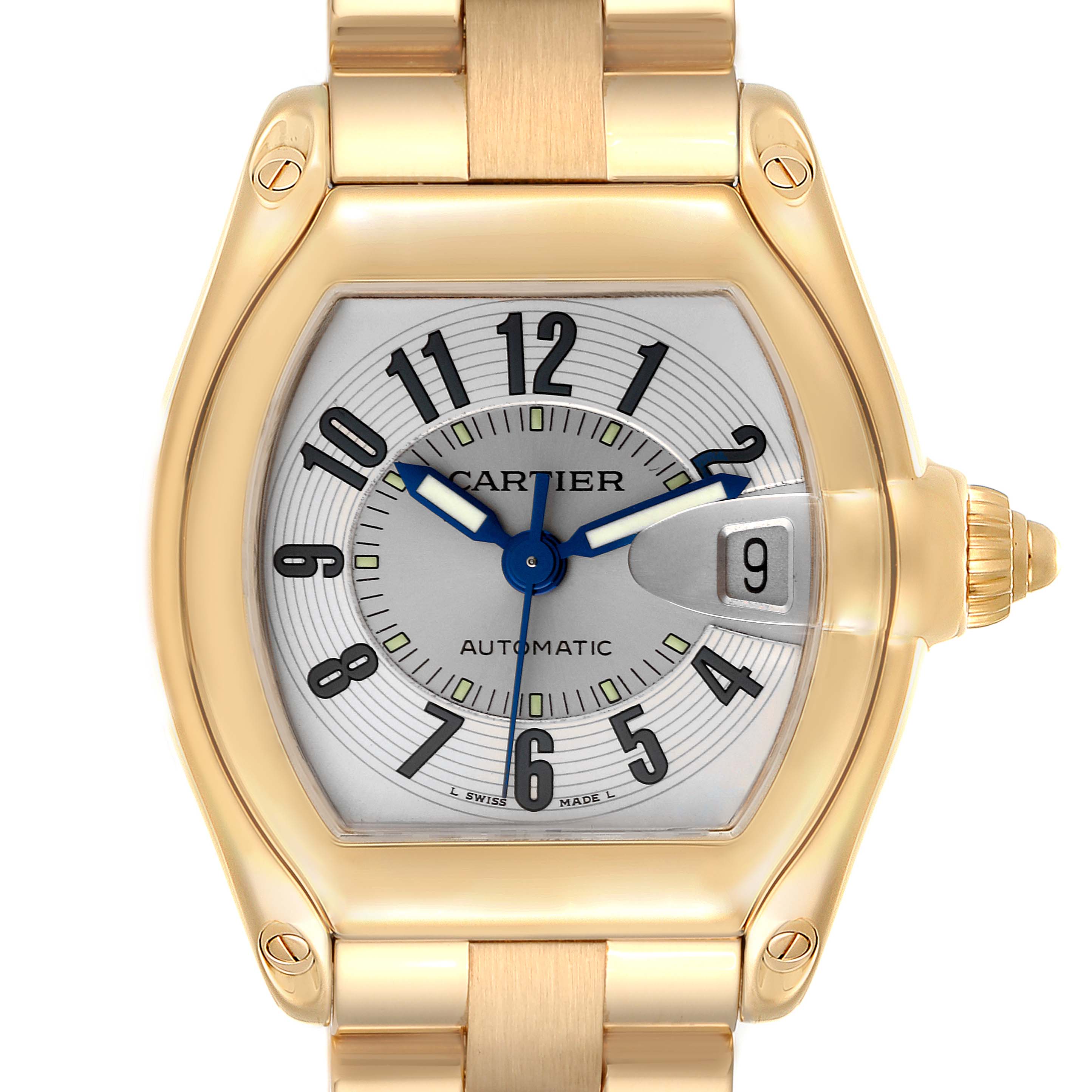The image shows a front view of the Cartier Roadster W62003V1 Men's Yellow Gold Silver Dial W62003V1 Men's Yellow Gold Silver Dial watch, highlighting the gold case, dial, hands, date window, and part of the bracelet.
