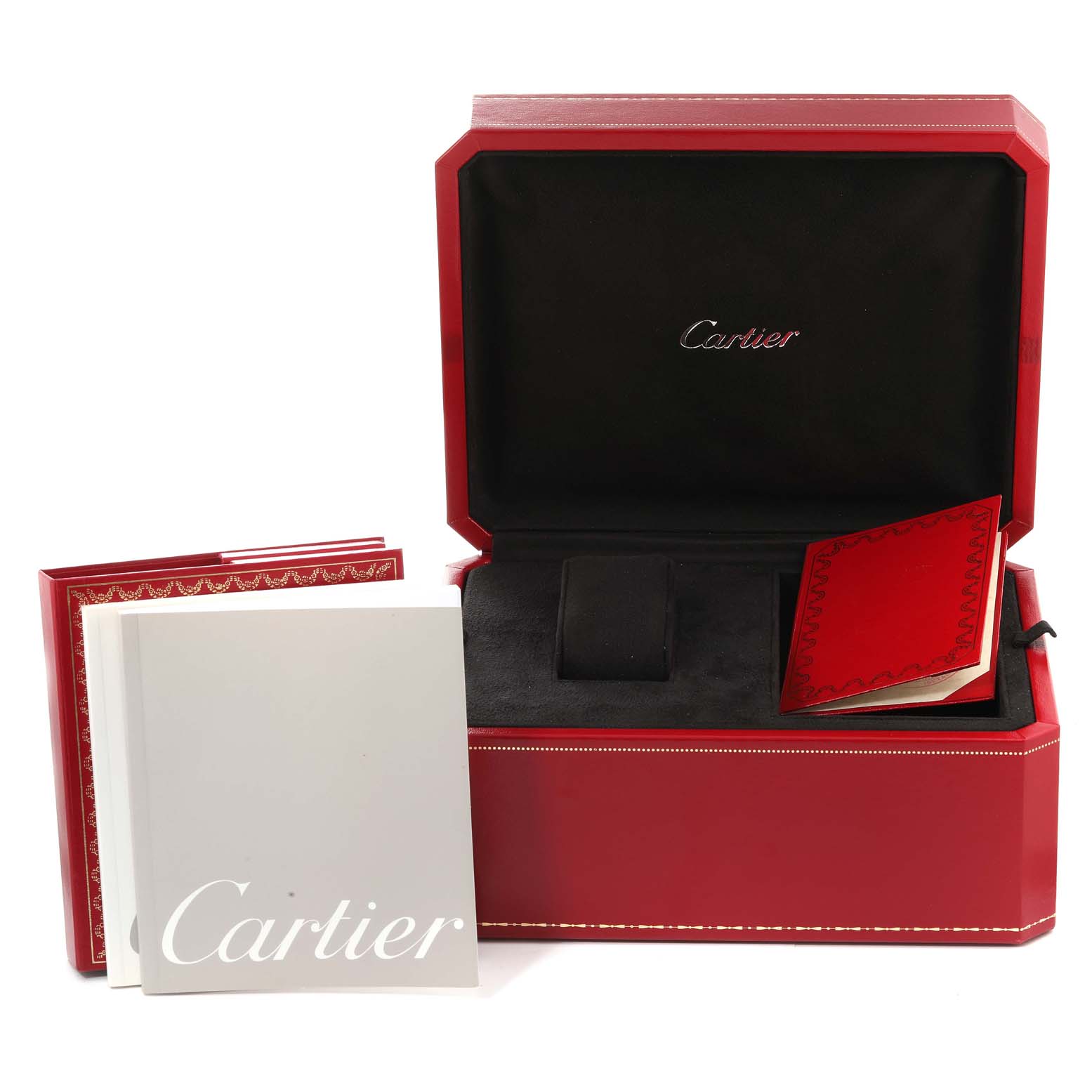 The image shows a Cartier Roadster W62003V1 Men's Yellow Gold Silver Dial W62003V1 Men's Yellow Gold Silver Dial watch box with manuals and paperwork in an open position.
