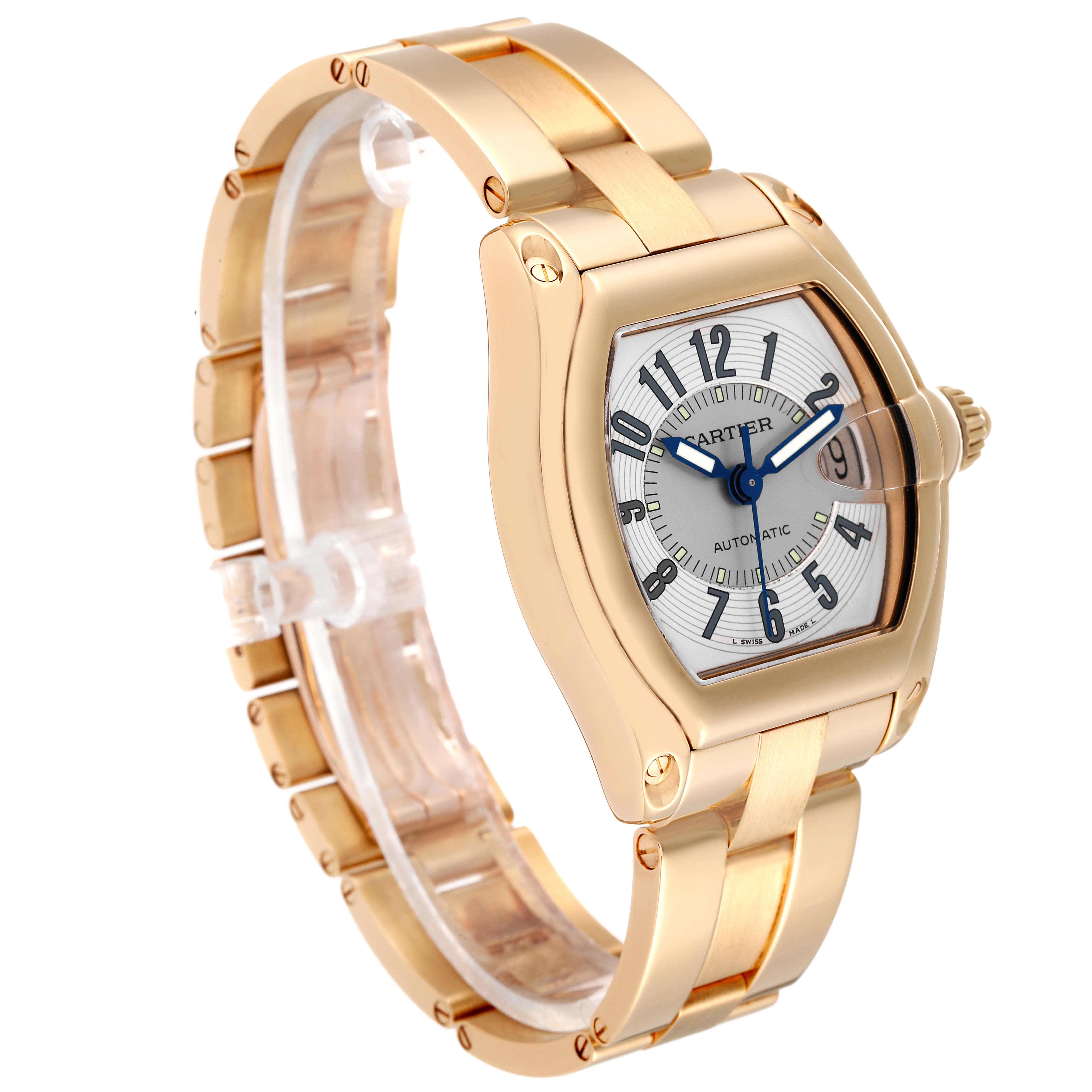 The Cartier Roadster W62003V1 Men's Yellow Gold Silver Dial W62003V1 Men's Yellow Gold Silver Dial watch is shown at a slight angle from the front, highlighting the face, case, and bracelet.