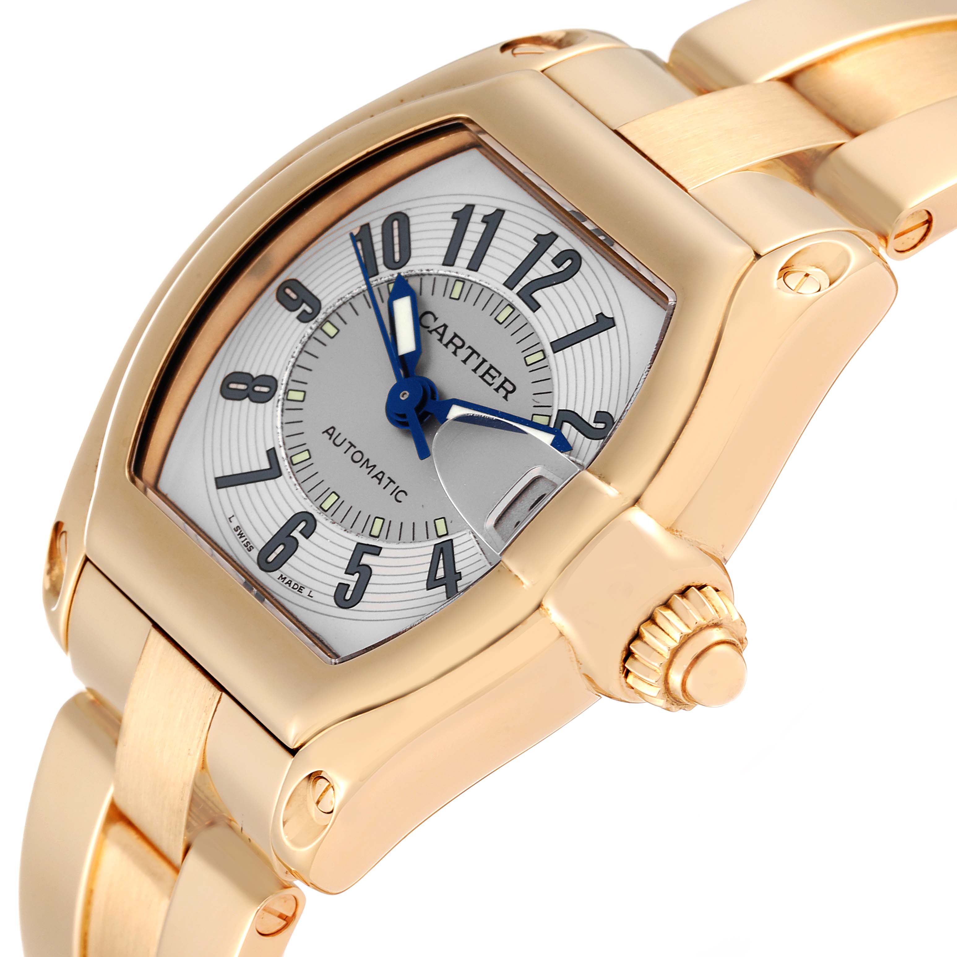The image showcases the dial, case, crown, and part of the bracelet of the Cartier Roadster W62003V1 Men's Yellow Gold Silver Dial W62003V1 Men's Yellow Gold Silver Dial watch from a slightly angled view.
