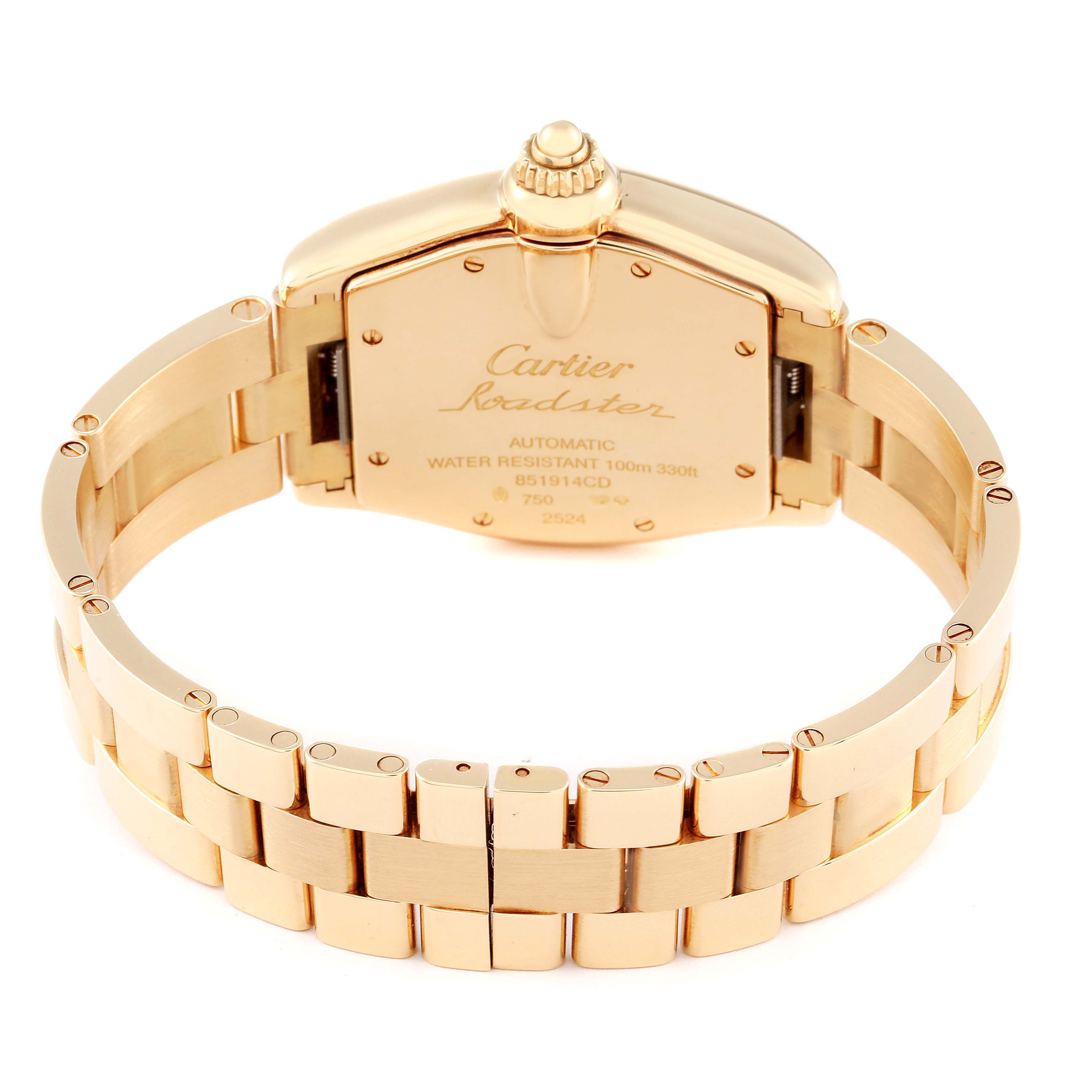 The image shows the back view of a Cartier Roadster W62003V1 Men's Yellow Gold Silver Dial W62003V1 Men's Yellow Gold Silver Dial watch, highlighting the case back and bracelet.