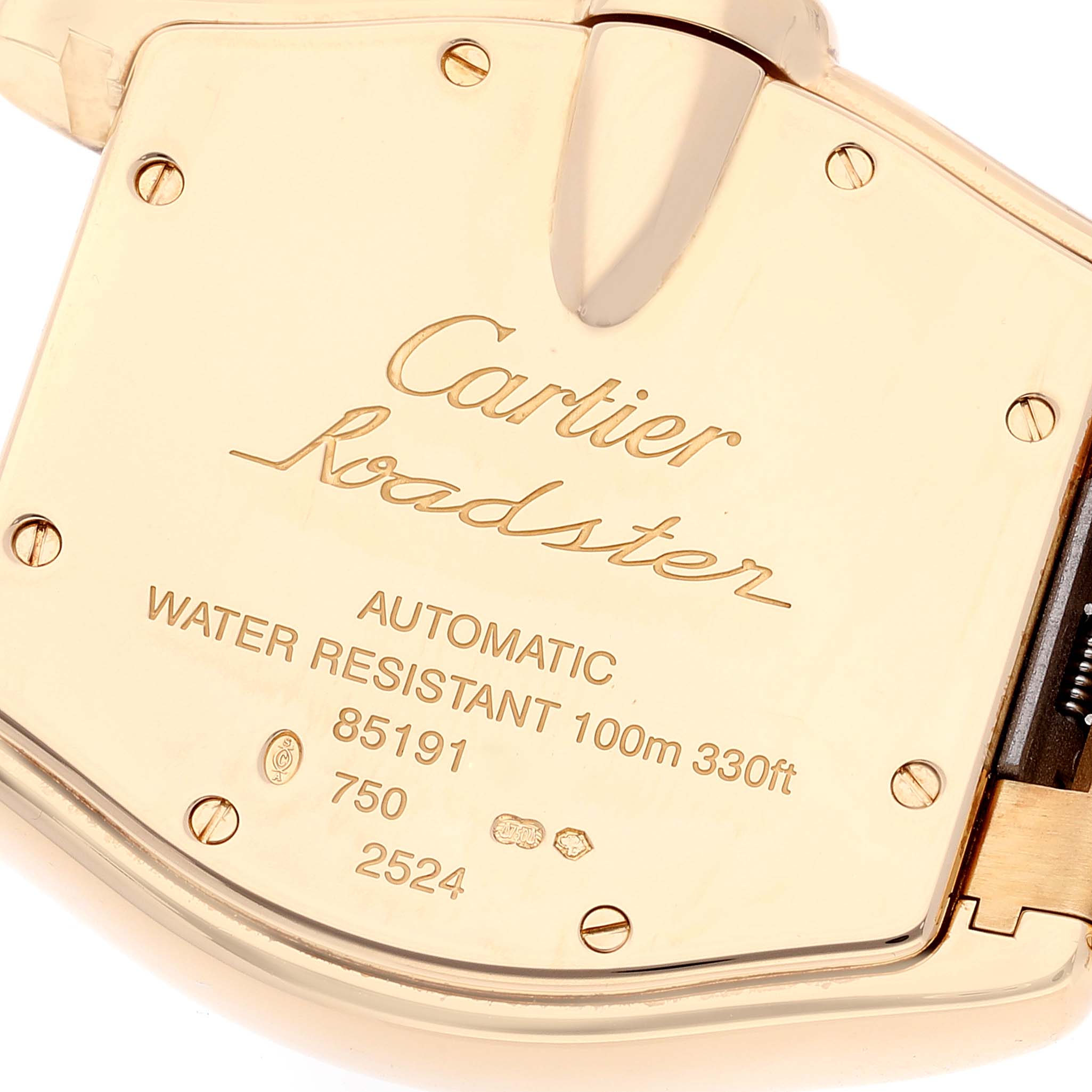The image shows the back of a Cartier Roadster W62003V1 Men's Yellow Gold Silver Dial W62003V1 Men's Yellow Gold Silver Dial watch displaying model details and water resistance information.