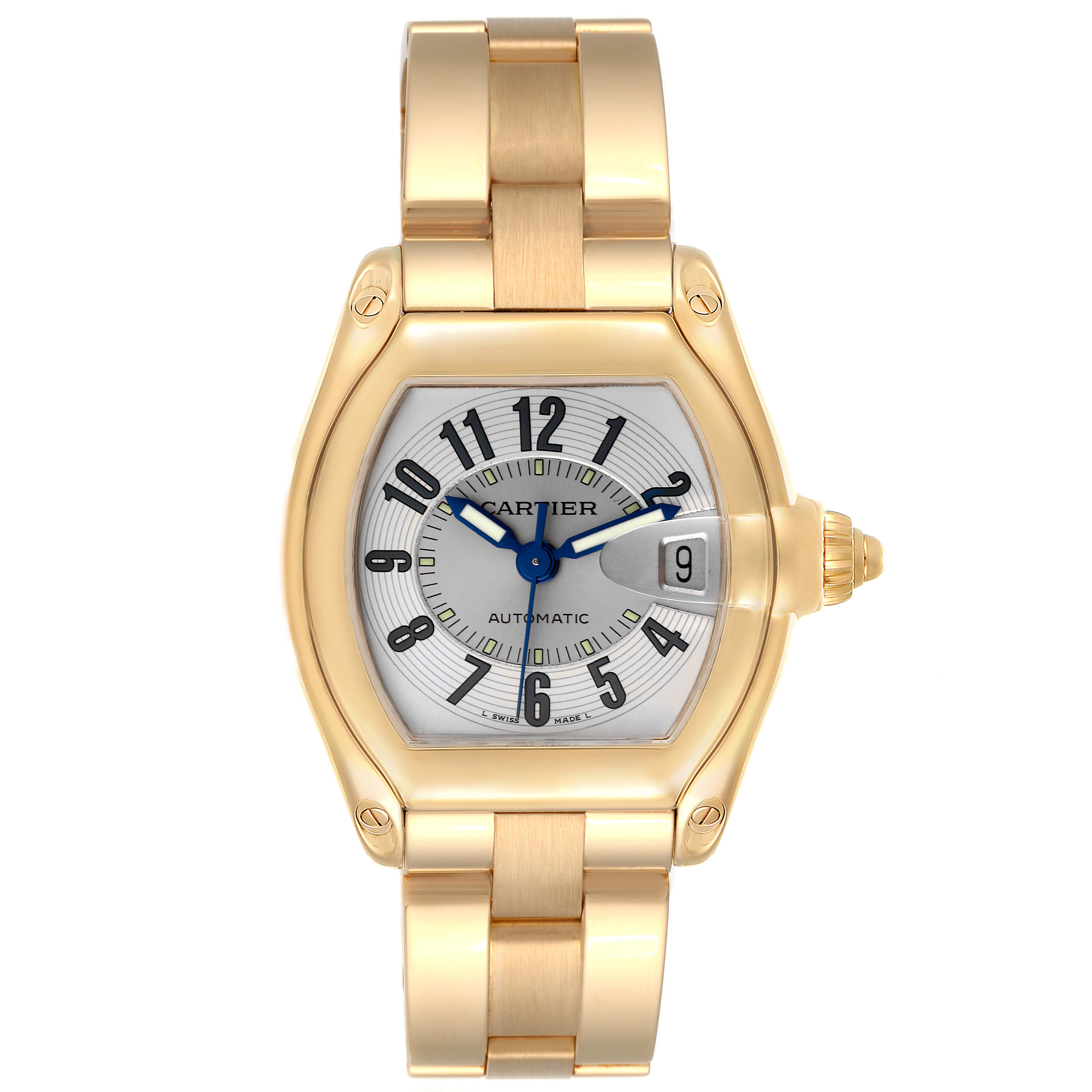 The image shows a frontal view of a Cartier Roadster W62003V1 Men's Yellow Gold Silver Dial W62003V1 Men's Yellow Gold Silver Dial model watch, displaying the face, bezel, crown, and part of the bracelet.