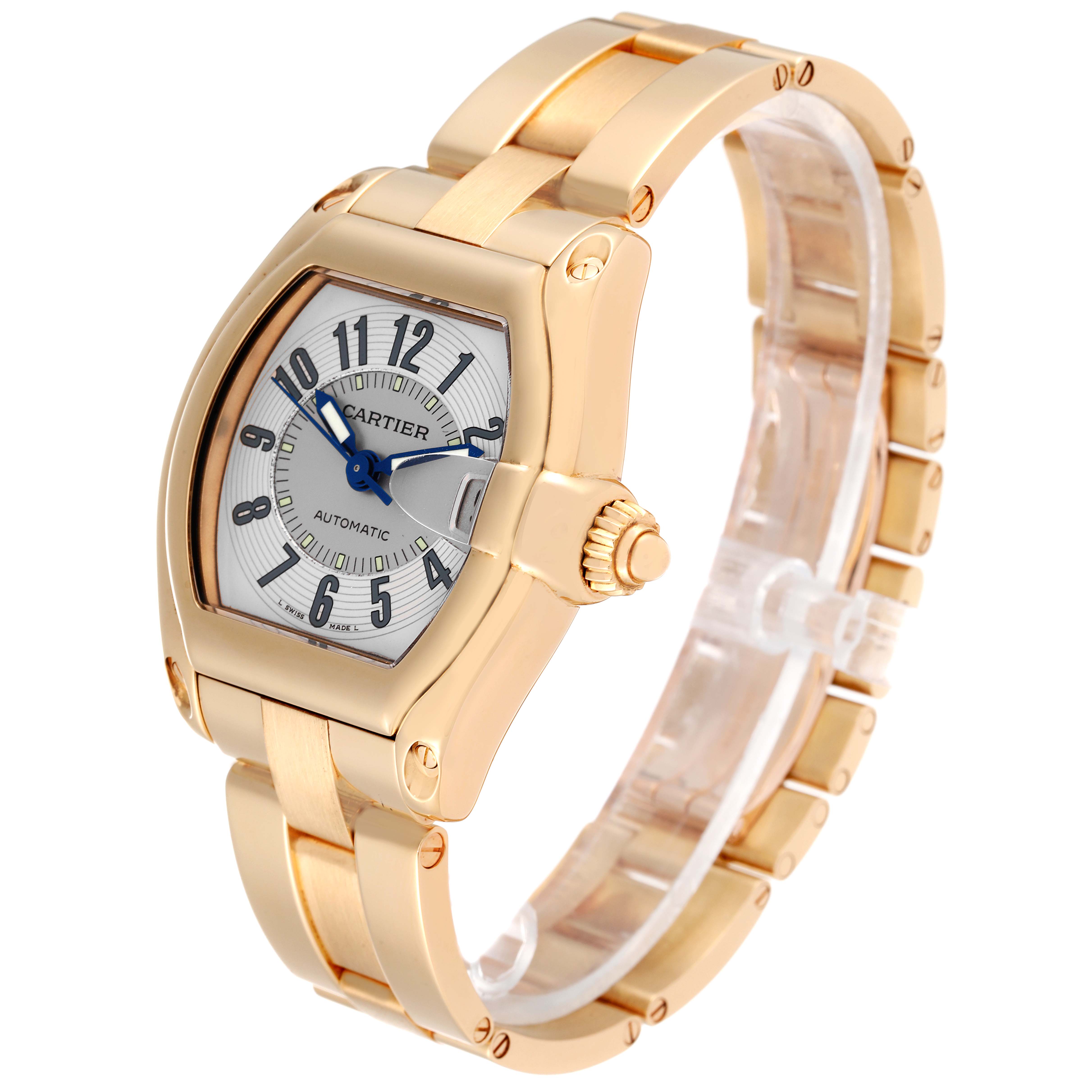 The Cartier Roadster W62003V1 Men's Yellow Gold Silver Dial W62003V1 Men's Yellow Gold Silver Dial watch is shown at a three-quarter angle, highlighting its dial, crown, and bracelet.