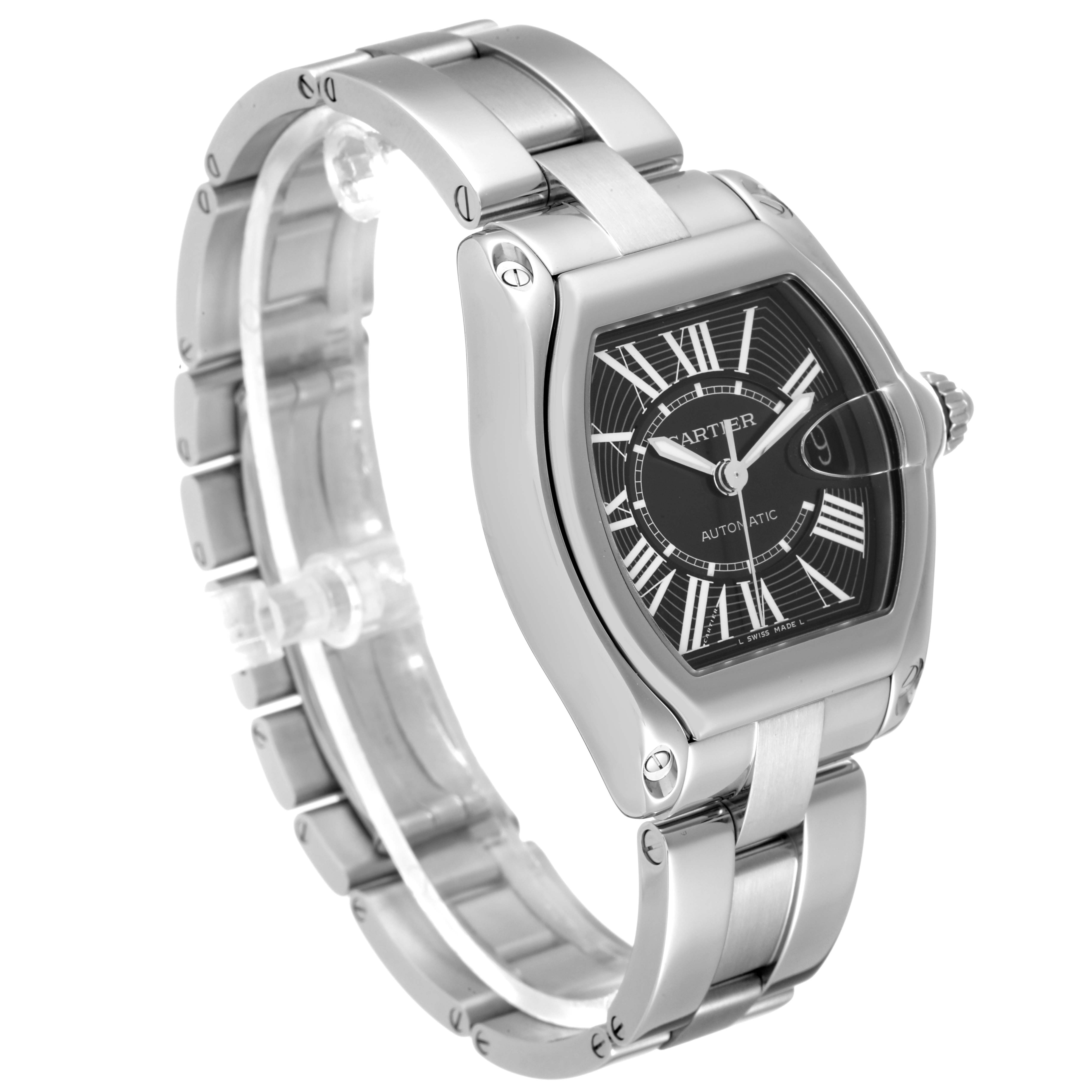 The image shows a Cartier Roadster W62041V3 Men's Stainless Steel Black Dial W62041V3 Men's Stainless Steel Black Dial watch at a three-quarter angle, highlighting its dial, case, and metal bracelet.