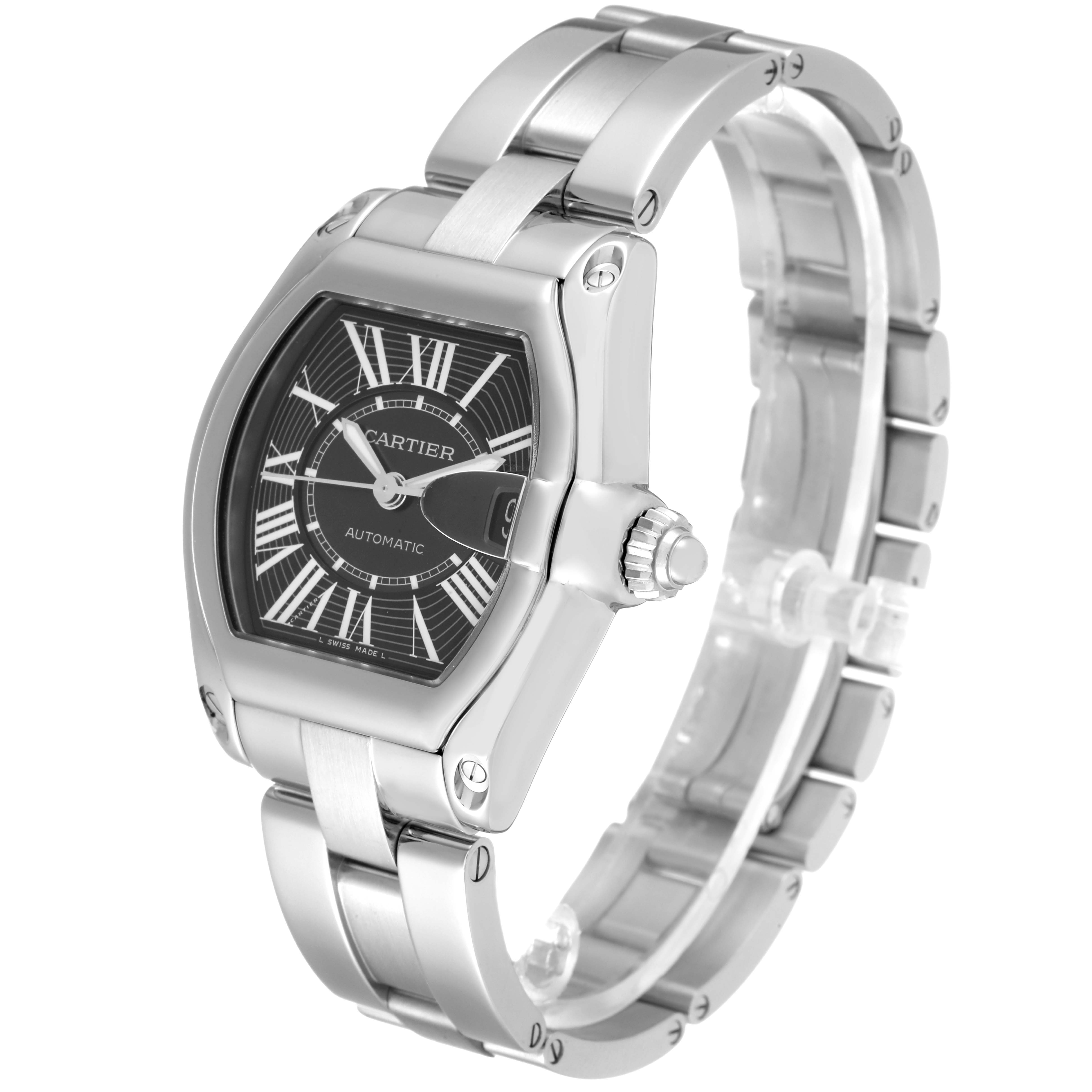 The Cartier Roadster W62041V3 Men's Stainless Steel Black Dial W62041V3 Men's Stainless Steel Black Dial watch is shown at a three-quarter angle, displaying the dial, casing, and part of the bracelet.
