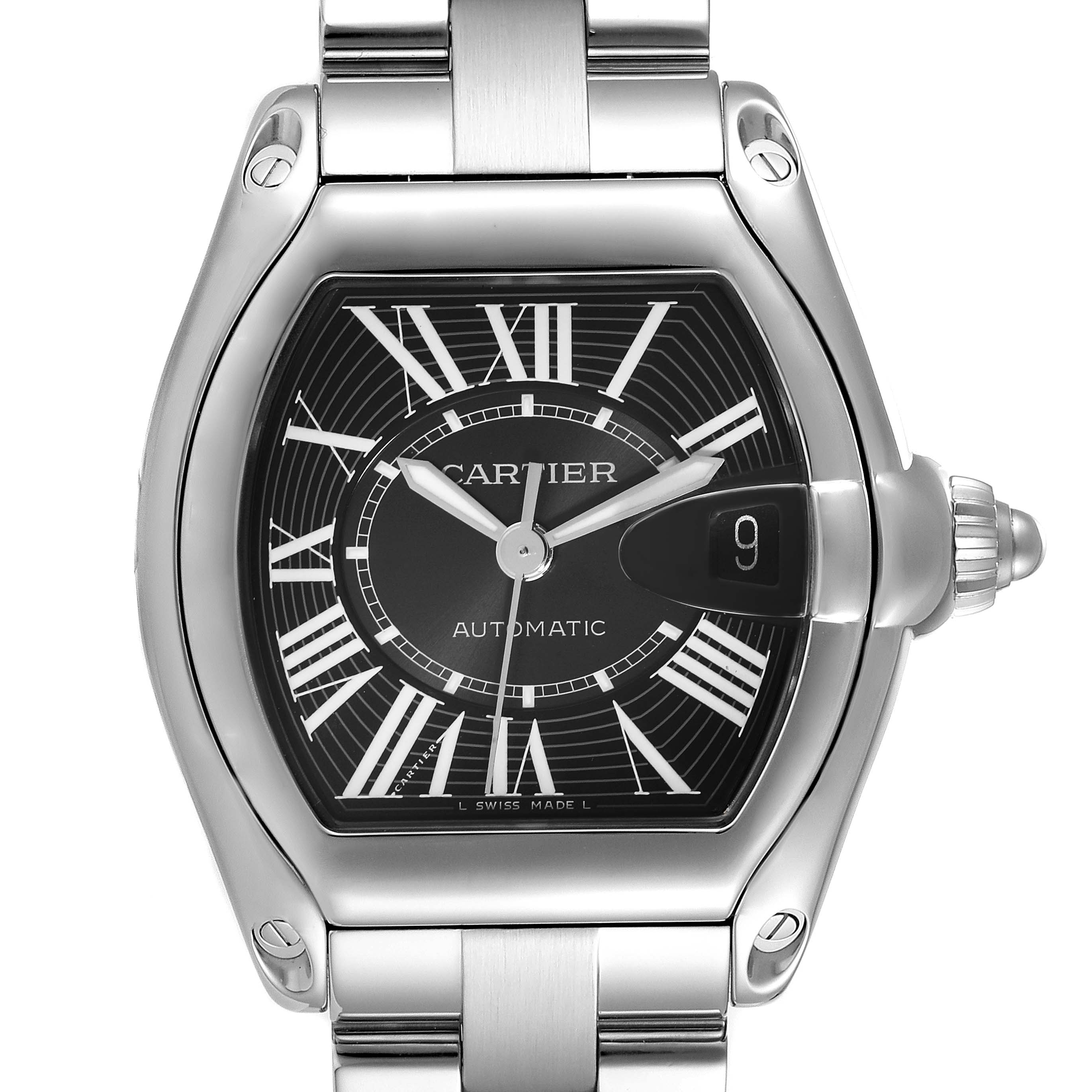 The image is a front view of a Cartier Roadster W62041V3 Men's Stainless Steel Black Dial W62041V3 Men's Stainless Steel Black Dial watch, showing the face, bezel, and part of the bracelet.