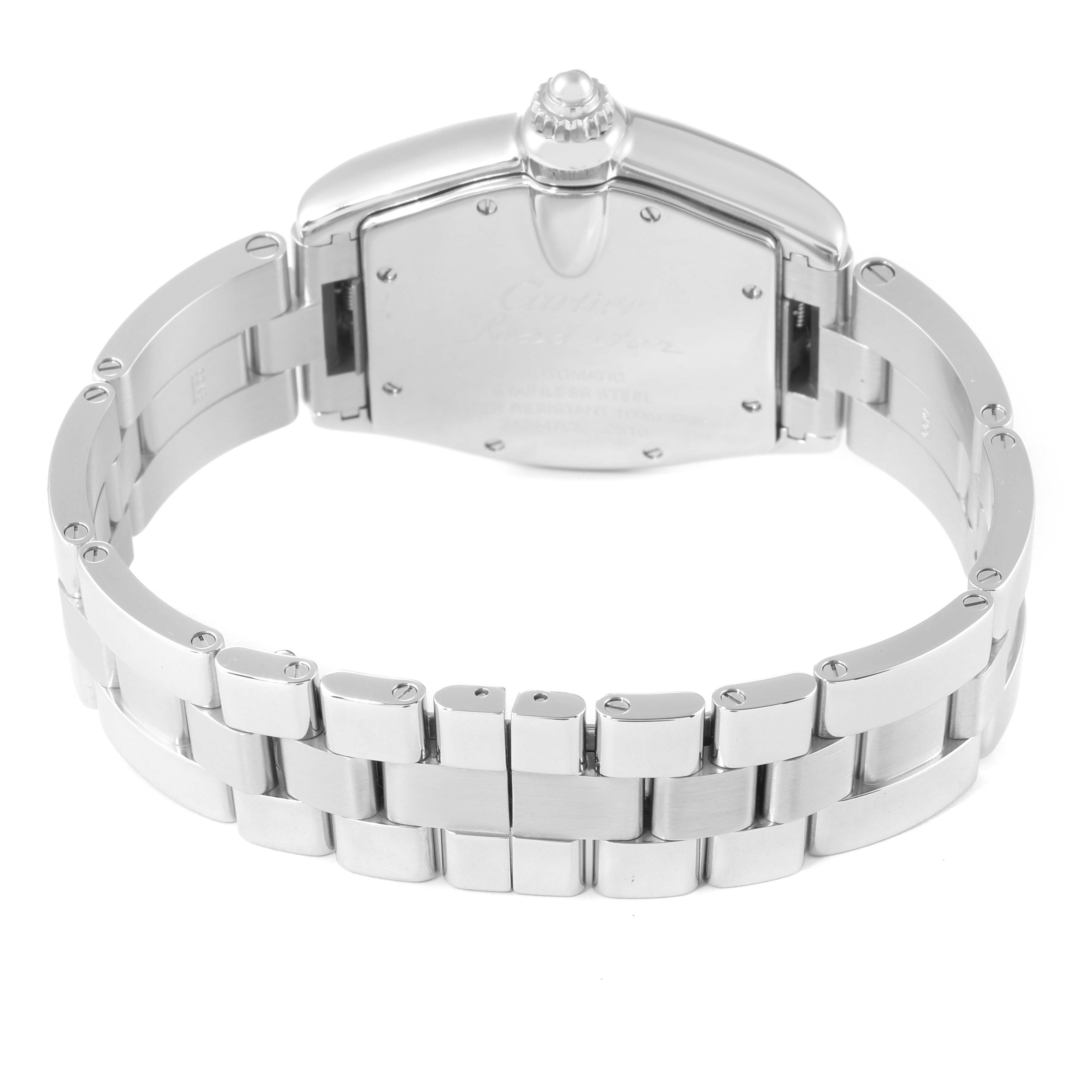 The image shows the back view of the Cartier Roadster W62041V3 Men's Stainless Steel Black Dial W62041V3 Men's Stainless Steel Black Dial watch, displaying its stainless steel case and bracelet.