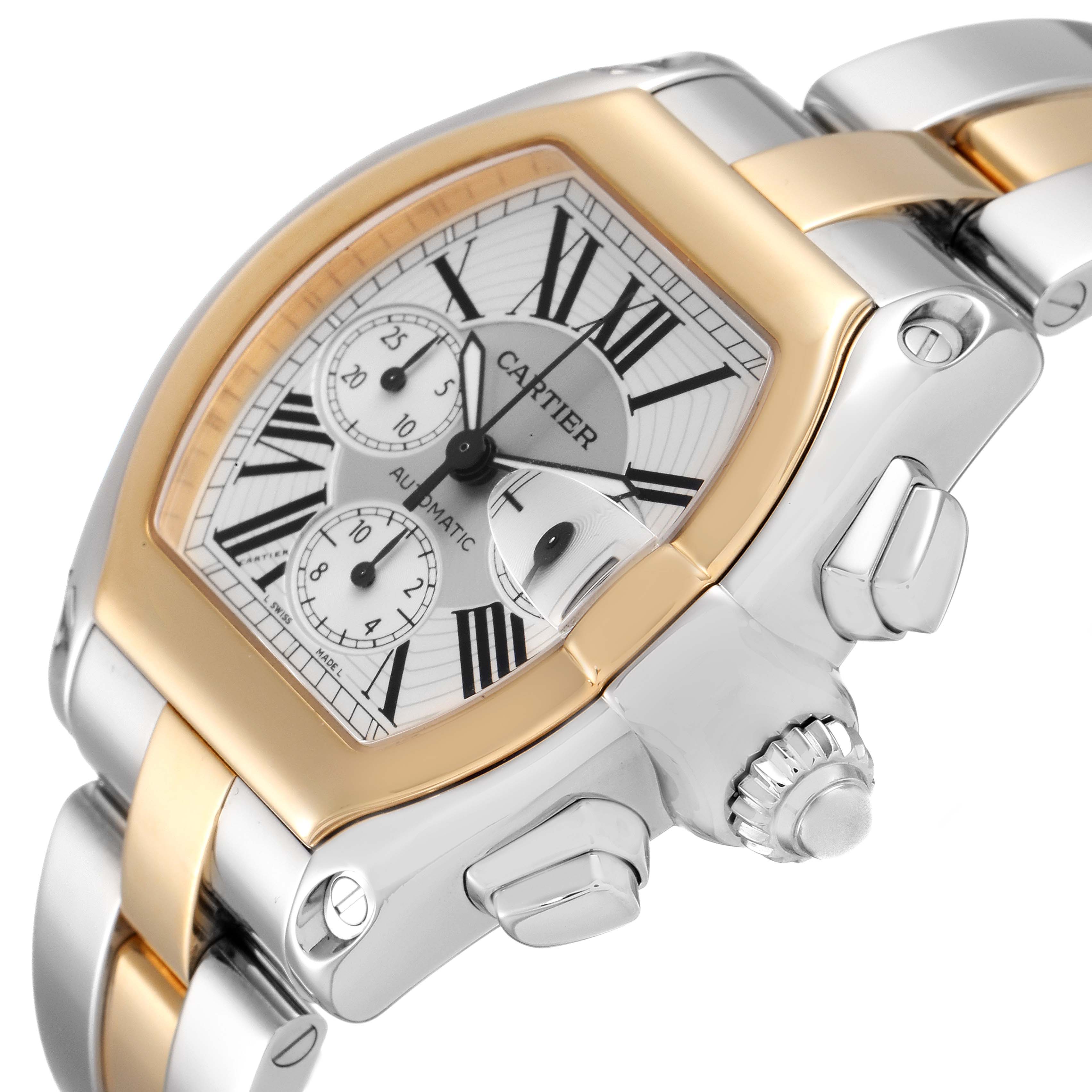 This image shows a close-up, angled view of the dial, bezel, crown, and part of the bracelet of the Cartier Roadster W62027Z1 Men's Steel and Gold (two tone) Silver Dial W62027Z1 Men's Steel and Gold (two tone) Silver Dial watch.