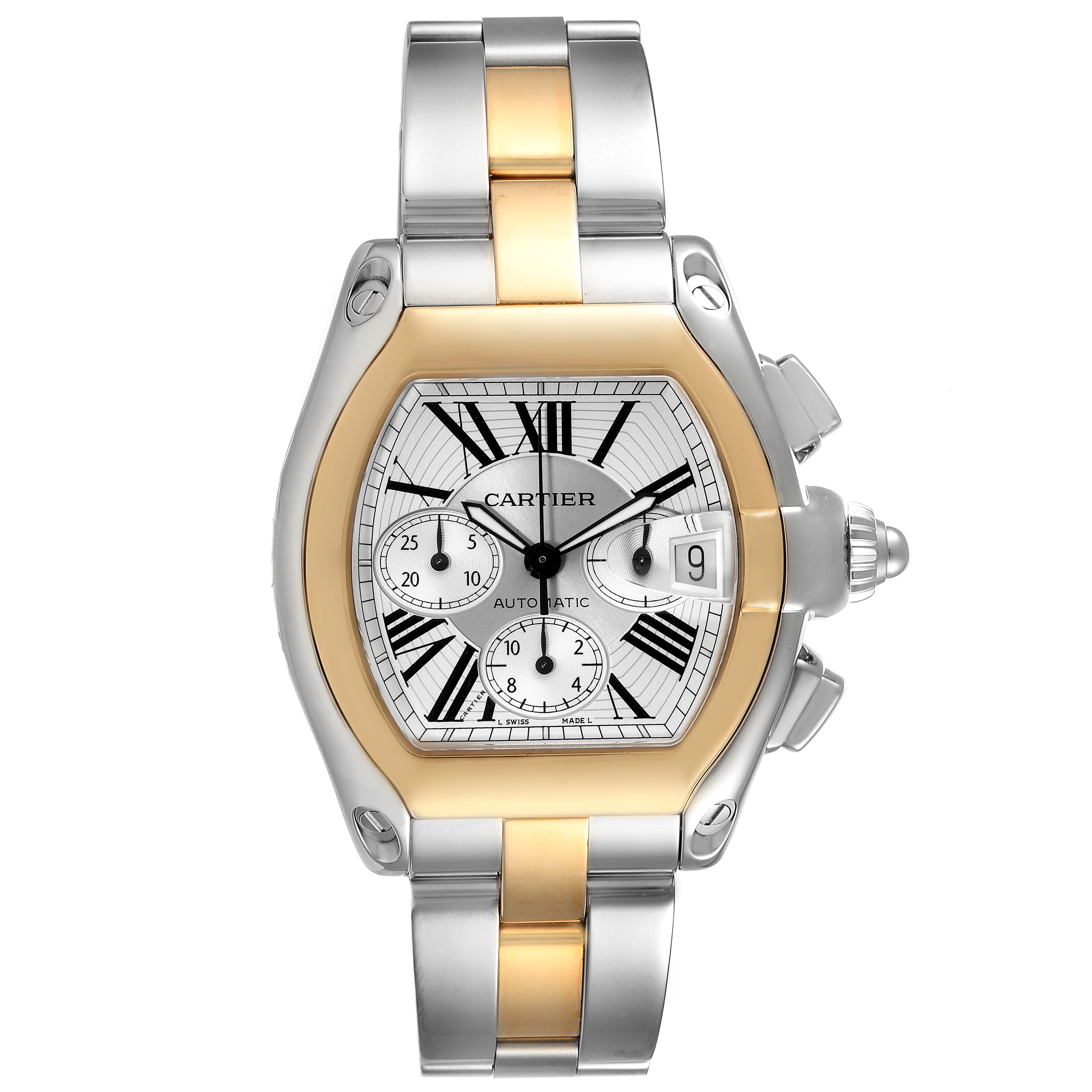 This image shows a front view of the Cartier Roadster W62027Z1 Men's Steel and Gold (two tone) Silver Dial W62027Z1 Men's Steel and Gold (two tone) Silver Dial watch, highlighting its dial, case, and bracelet.
