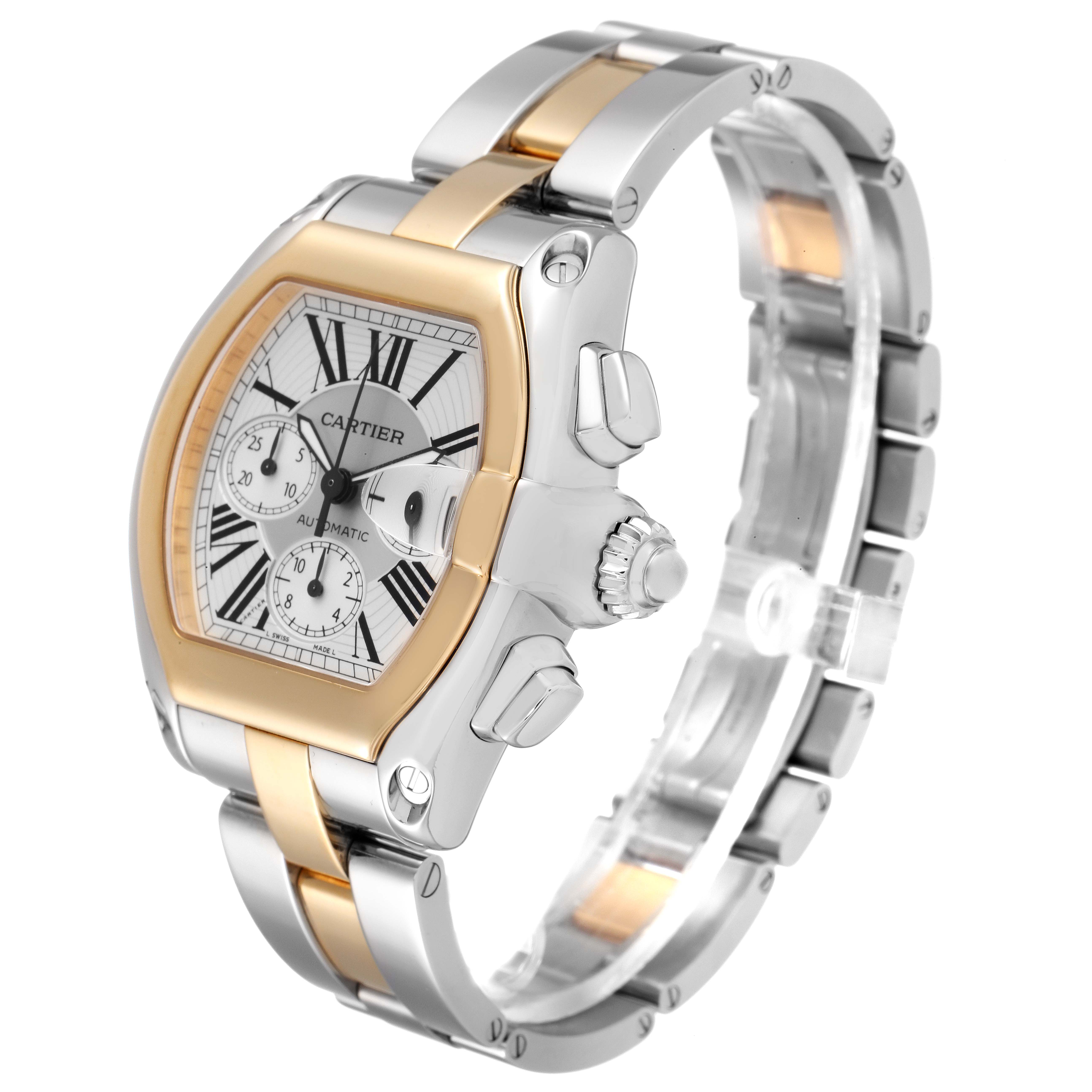 This image shows a Cartier Roadster W62027Z1 Men's Steel and Gold (two tone) Silver Dial W62027Z1 Men's Steel and Gold (two tone) Silver Dial watch at an angled side view, displaying its face, crown, and bracelet.