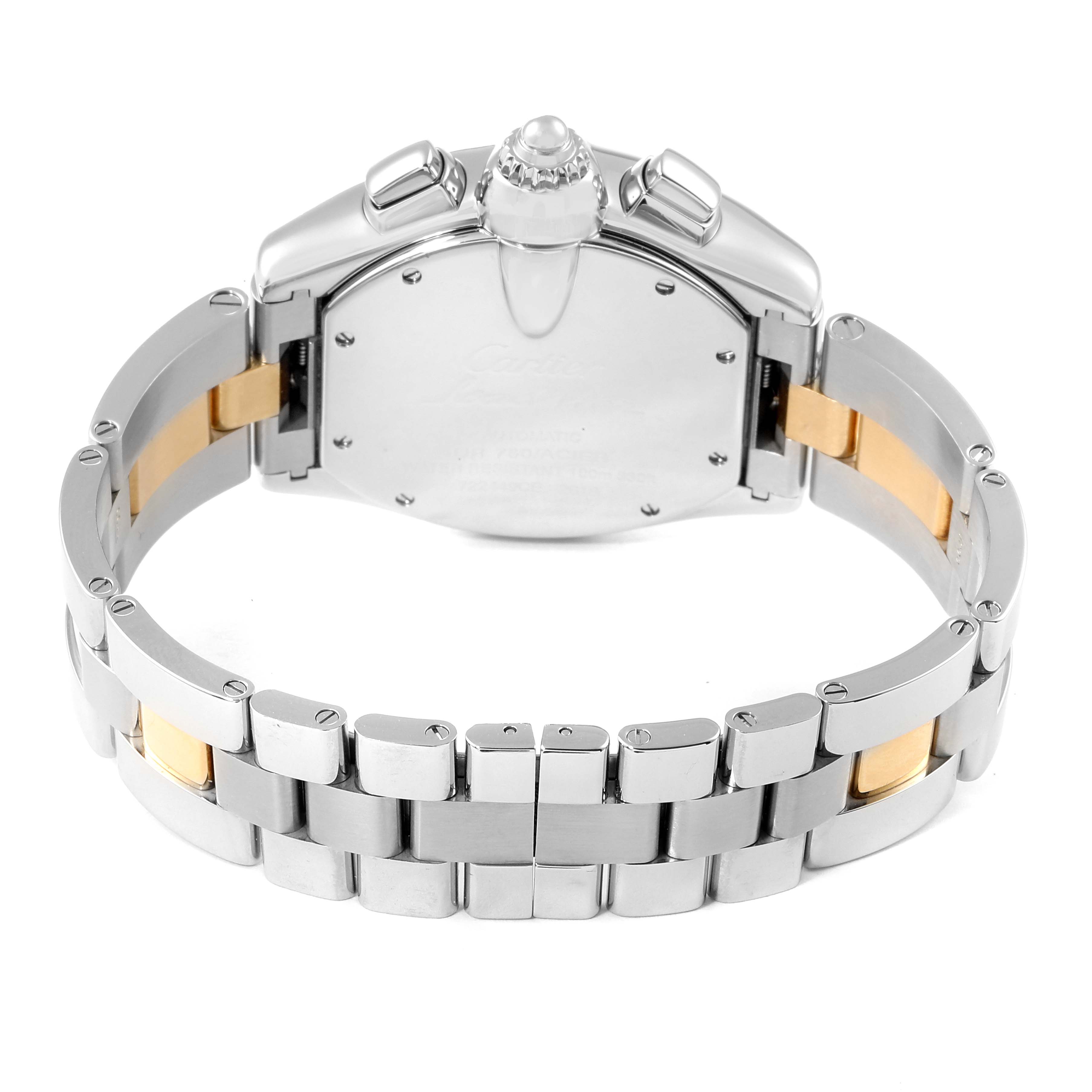 The image shows the back view of the Cartier Roadster W62027Z1 Men's Steel and Gold (two tone) Silver Dial W62027Z1 Men's Steel and Gold (two tone) Silver Dial watch, highlighting the bracelet and case back.