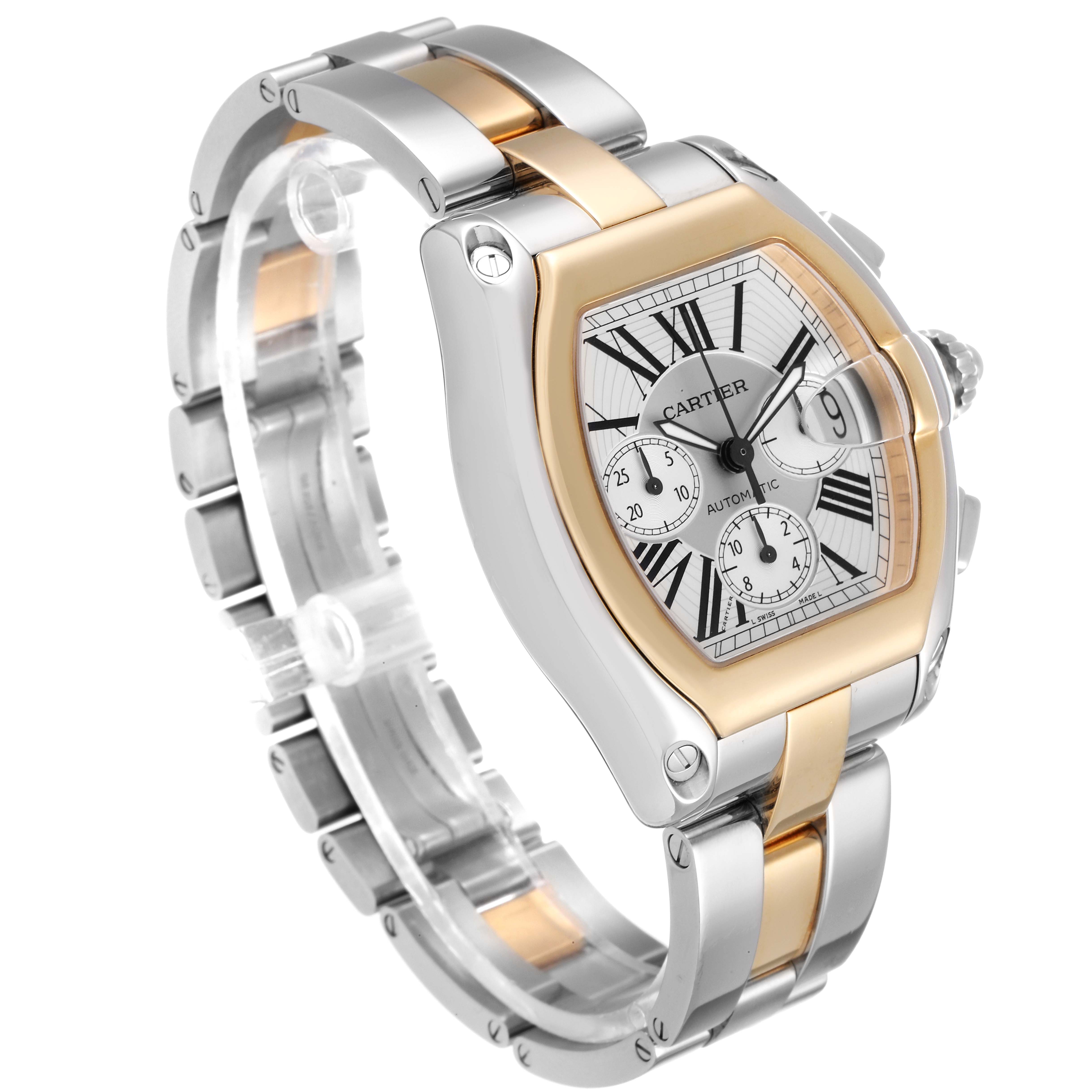 The image shows a Cartier Roadster W62027Z1 Men's Steel and Gold (two tone) Silver Dial W62027Z1 Men's Steel and Gold (two tone) Silver Dial watch at a three-quarter angle, highlighting its dual-tone metal band and face.