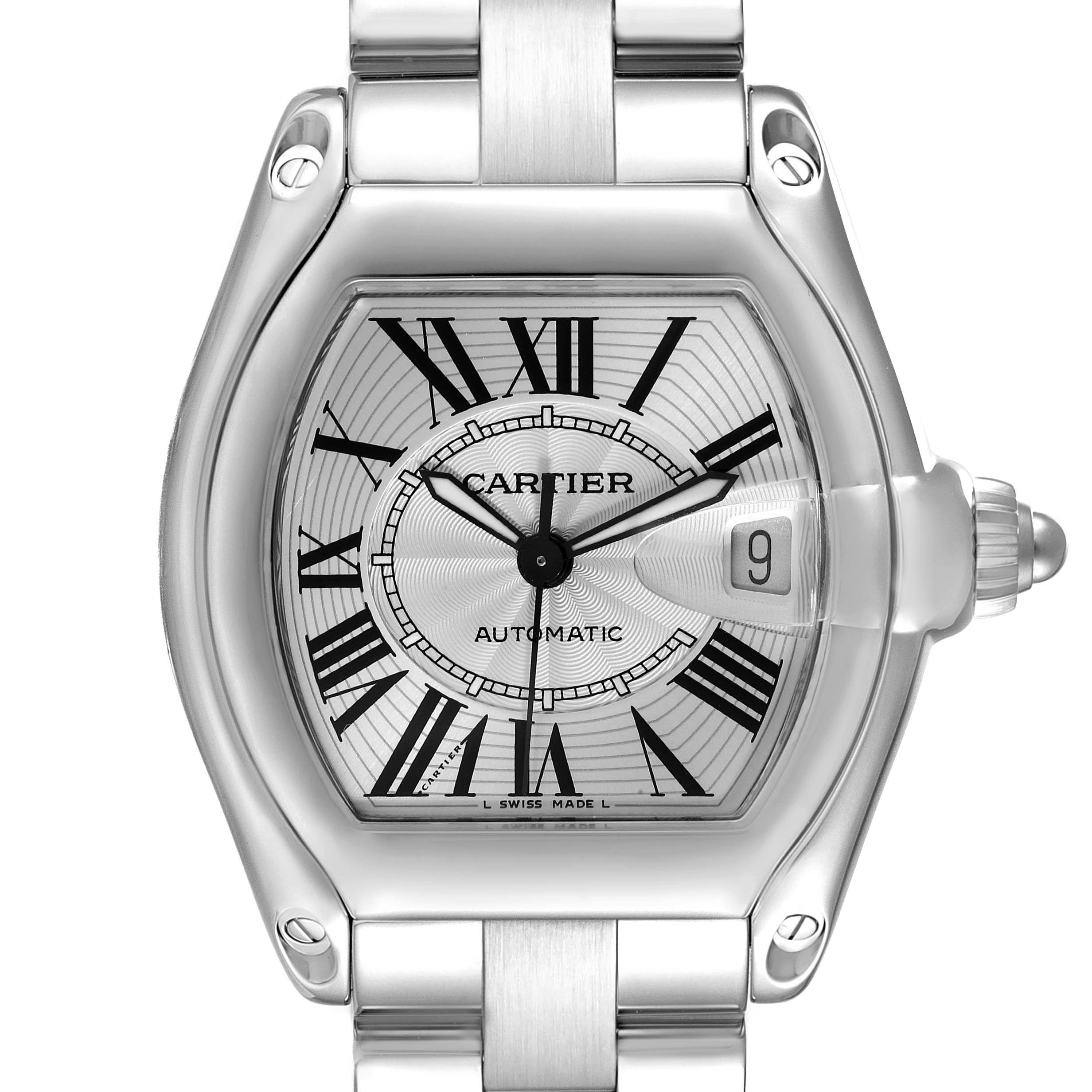 The image shows the front view of a Cartier Roadster W62025V3 Men's Stainless Steel Silver Dial W62025V3 Men's Stainless Steel Silver Dial watch, displaying its face, bezel, and part of the bracelet.