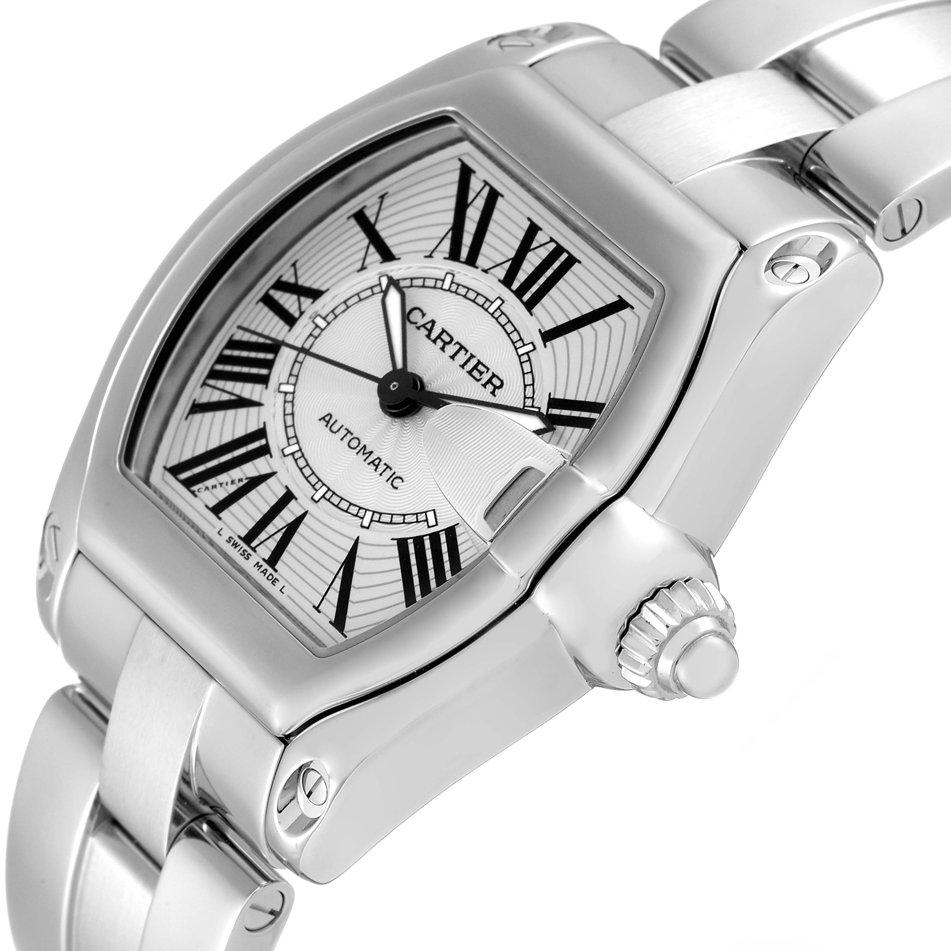 The image shows a close-up angled view of the Cartier Roadster W62025V3 Men's Stainless Steel Silver Dial W62025V3 Men's Stainless Steel Silver Dial watch, highlighting the face, crown, and part of the bracelet.