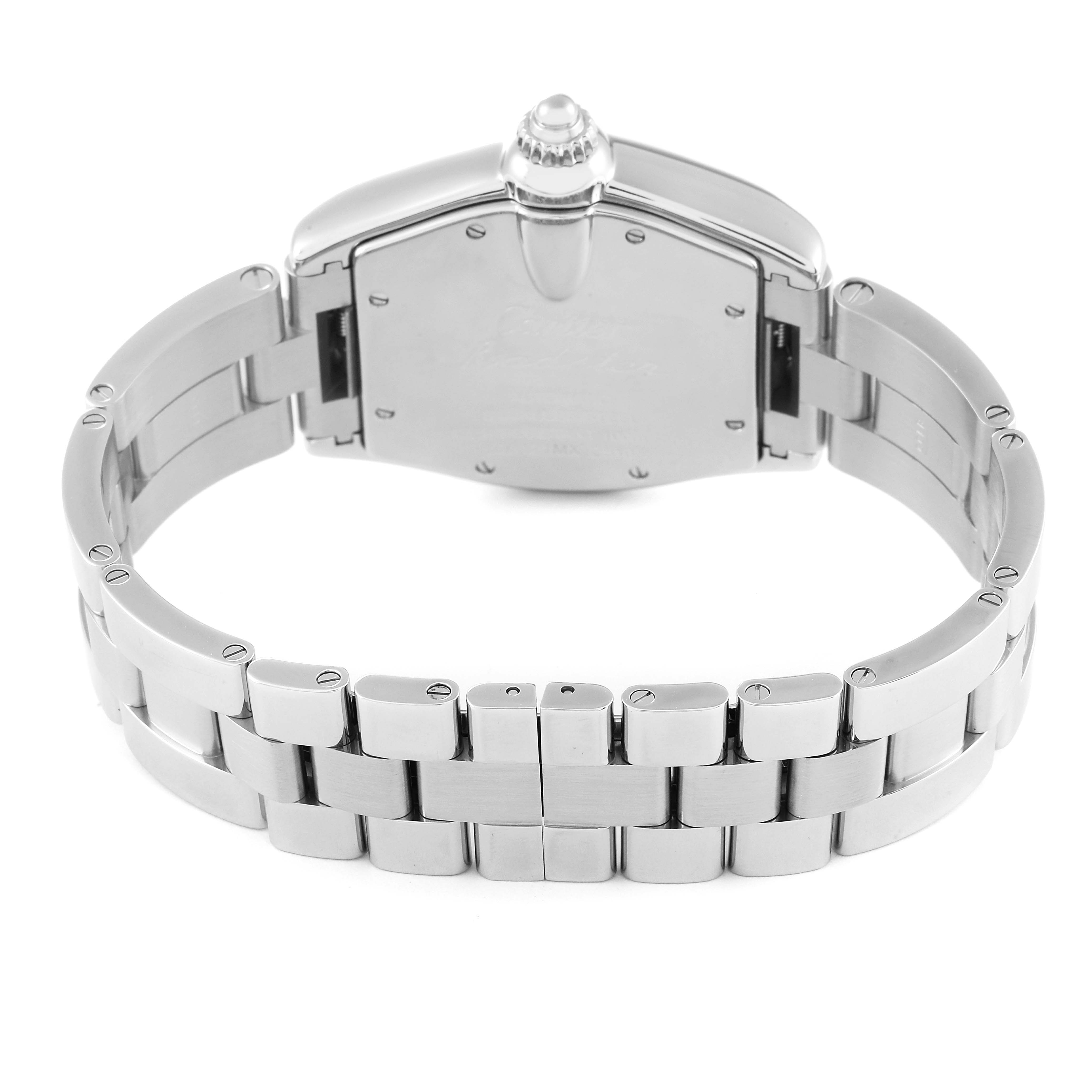 This image shows the back view of a Cartier Roadster W62025V3 Men's Stainless Steel Silver Dial W62025V3 Men's Stainless Steel Silver Dial watch, focusing on its stainless steel case and bracelet.