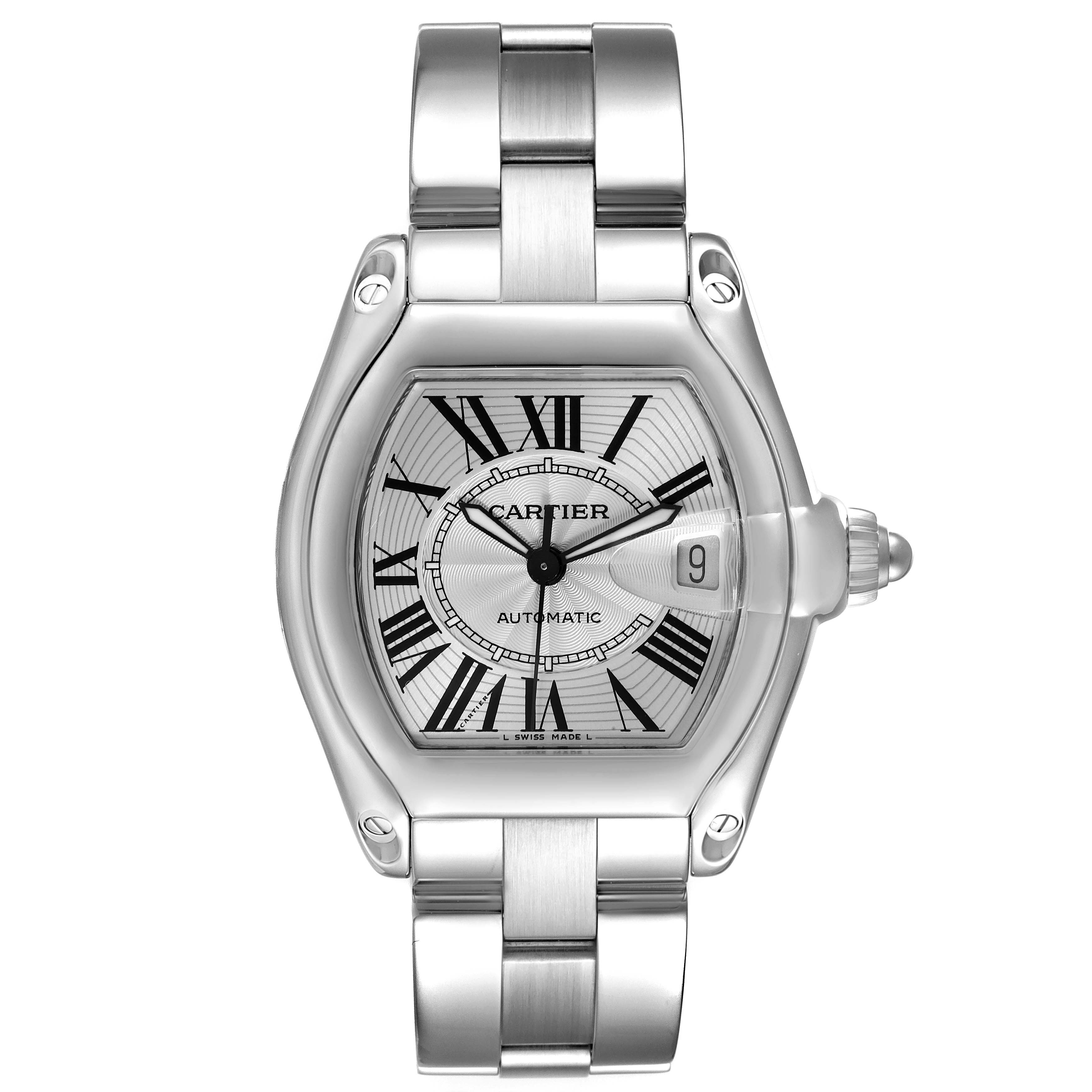 The Cartier Roadster W62025V3 Men's Stainless Steel Silver Dial W62025V3 Men's Stainless Steel Silver Dial watch is shown from a top-down angle, displaying its face, dial, and bracelet.