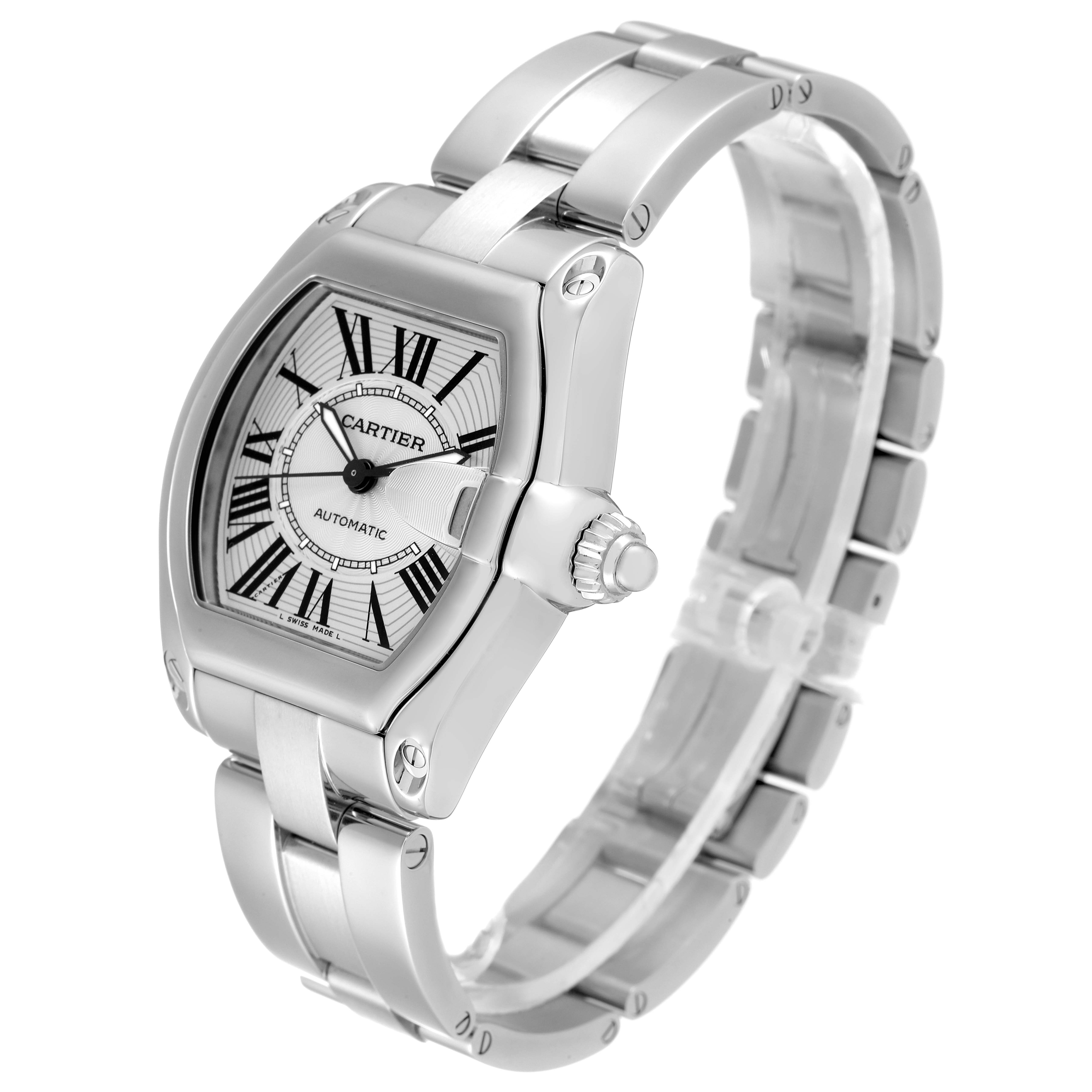 The Cartier Roadster W62025V3 Men's Stainless Steel Silver Dial W62025V3 Men's Stainless Steel Silver Dial watch is shown at an angle displaying the face, bezel, crown, and part of the bracelet.