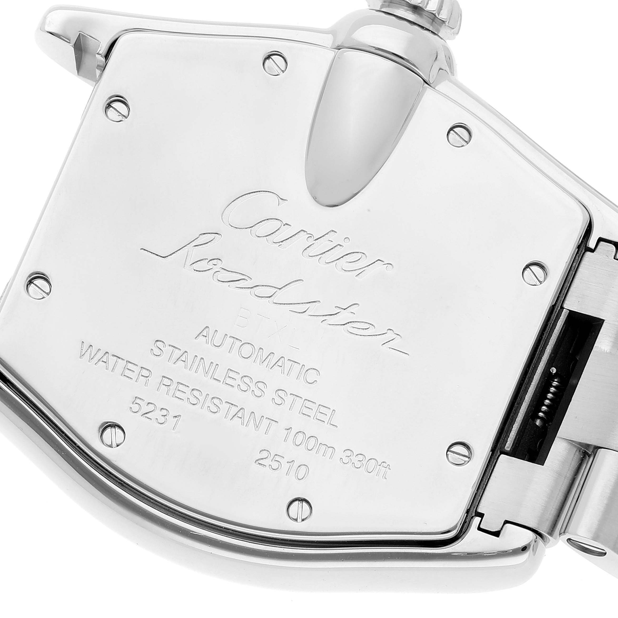 This image shows the back case and part of the bracelet clasp of a Cartier Roadster W62025V3 Men's Stainless Steel Silver Dial W62025V3 Men's Stainless Steel Silver Dial model watch.