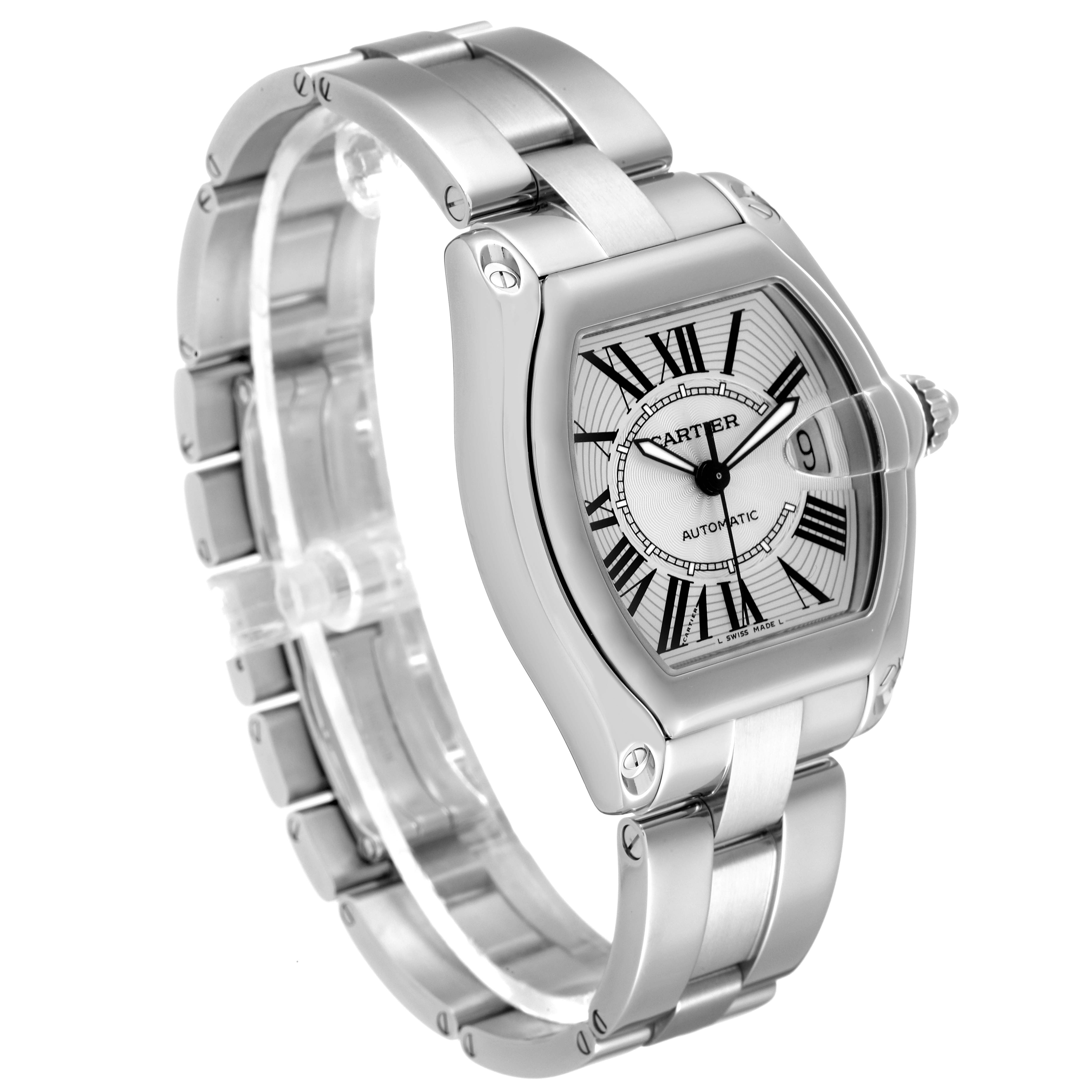The image shows a Cartier Roadster W62025V3 Men's Stainless Steel Silver Dial W62025V3 Men's Stainless Steel Silver Dial watch from a front angle, highlighting its face, bracelet, and crown detail.