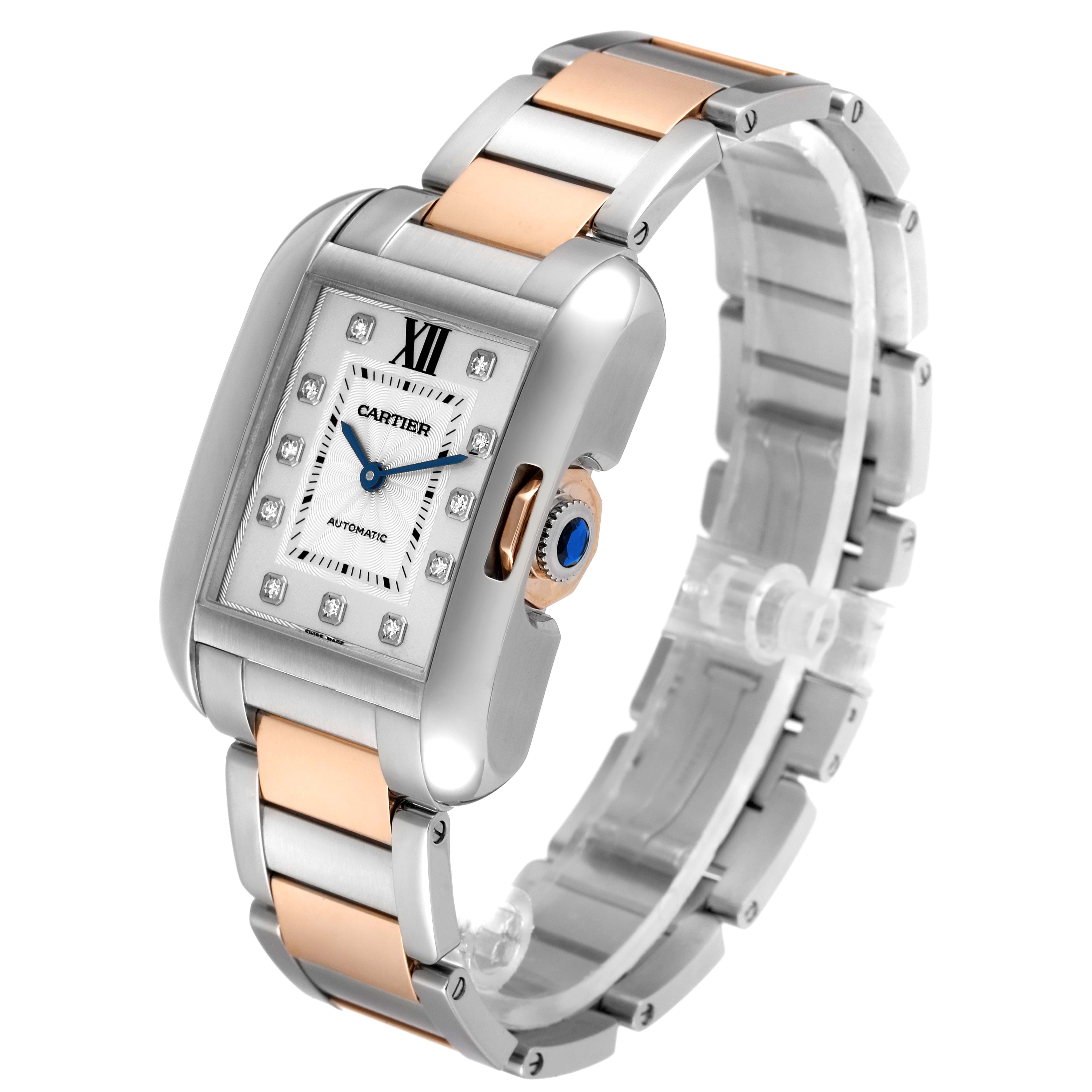 The Cartier Tank Anglaise WT100025 Women's Steel and Gold (two tone) Silver Dial WT100025 Women's Steel and Gold (two tone) Silver Dial watch is viewed from an oblique angle, showcasing its rectangular face, bracelet, and crown.