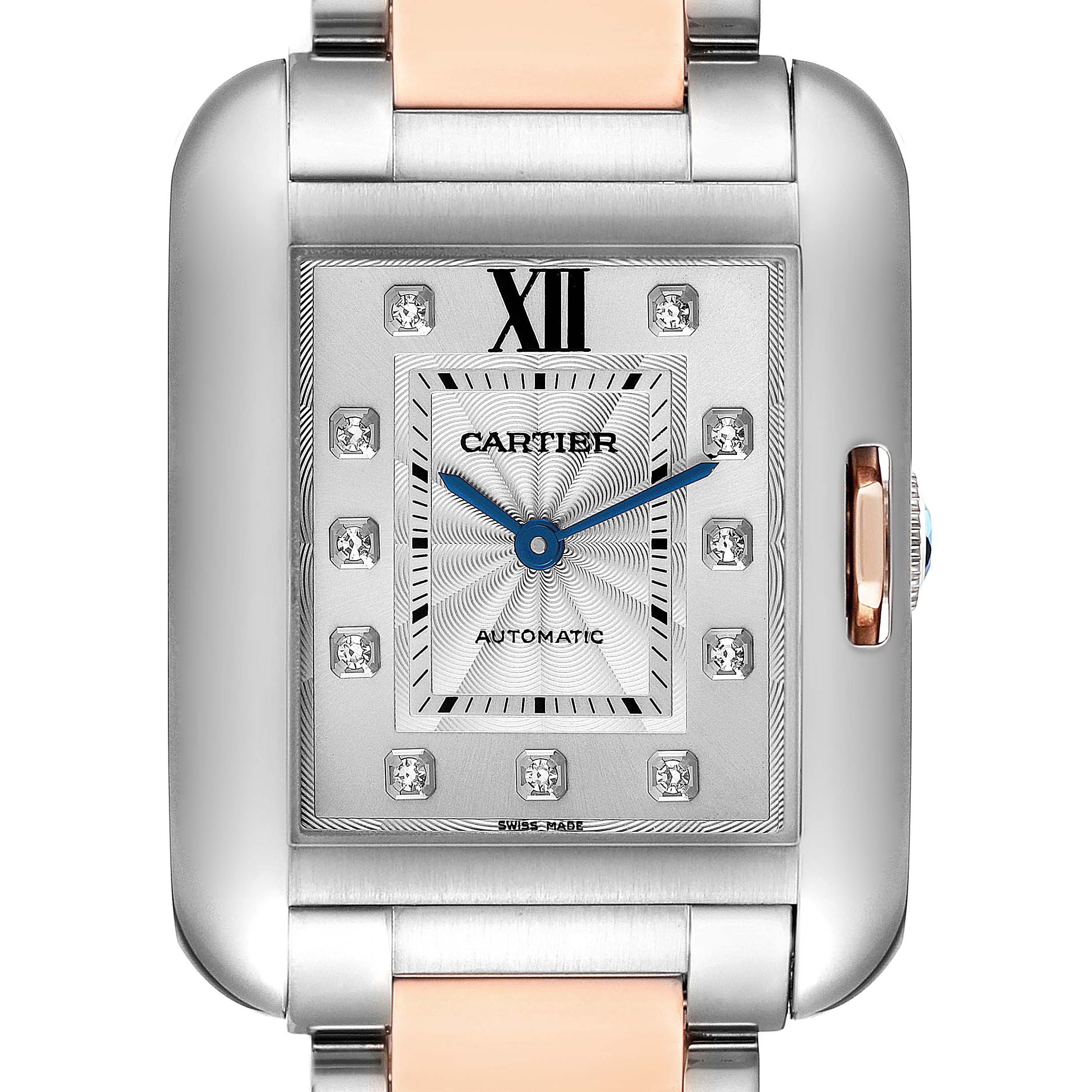 This image shows a front view of the Cartier Tank Anglaise WT100025 Women's Steel and Gold (two tone) Silver Dial WT100025 Women's Steel and Gold (two tone) Silver Dial watch, highlighting the face, dial, and part of the metal bracelet.
