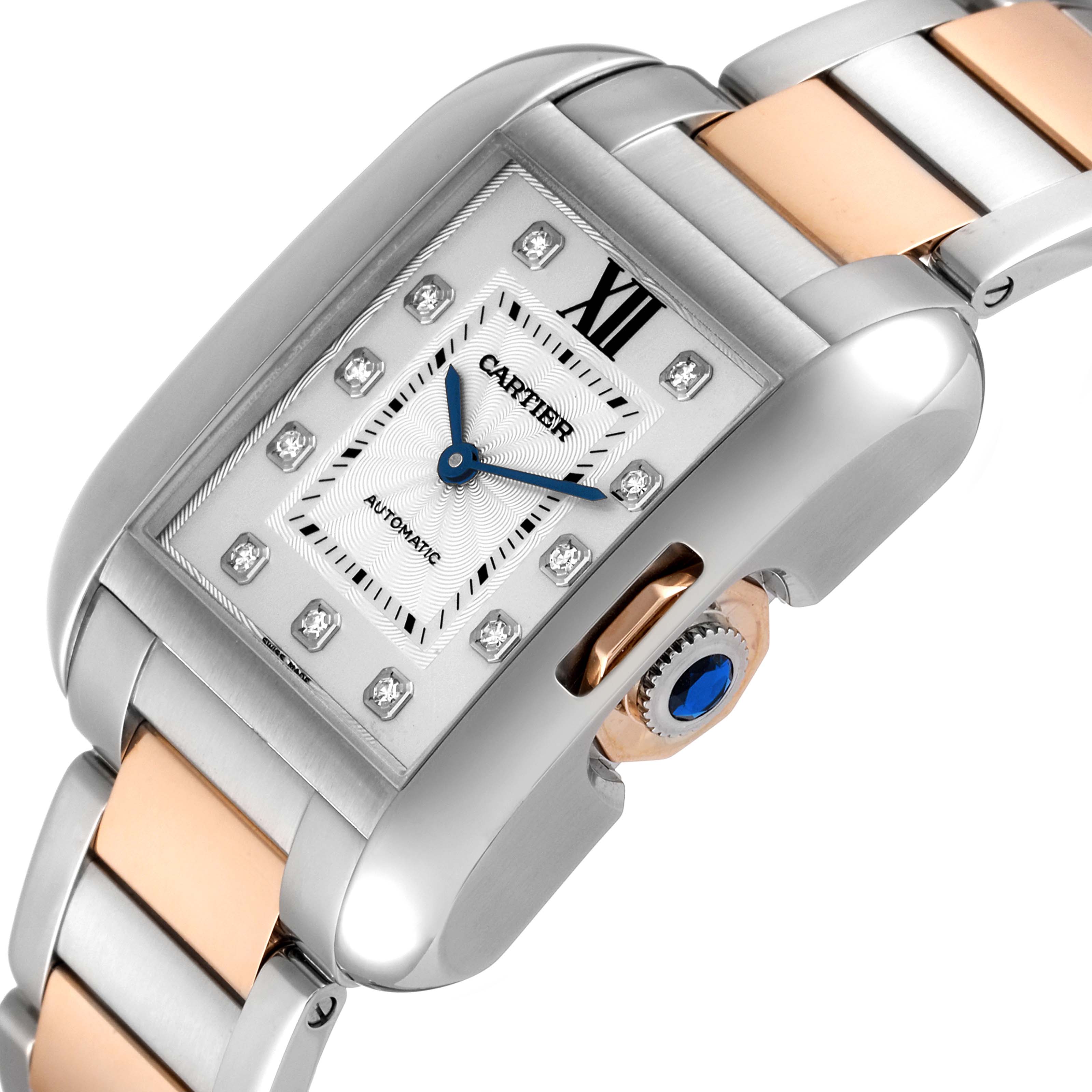 This image shows a close-up, angled view of a Cartier Tank Anglaise WT100025 Women's Steel and Gold (two tone) Silver Dial WT100025 Women's Steel and Gold (two tone) Silver Dial watch with focus on the dial, crown, and part of the bracelet.