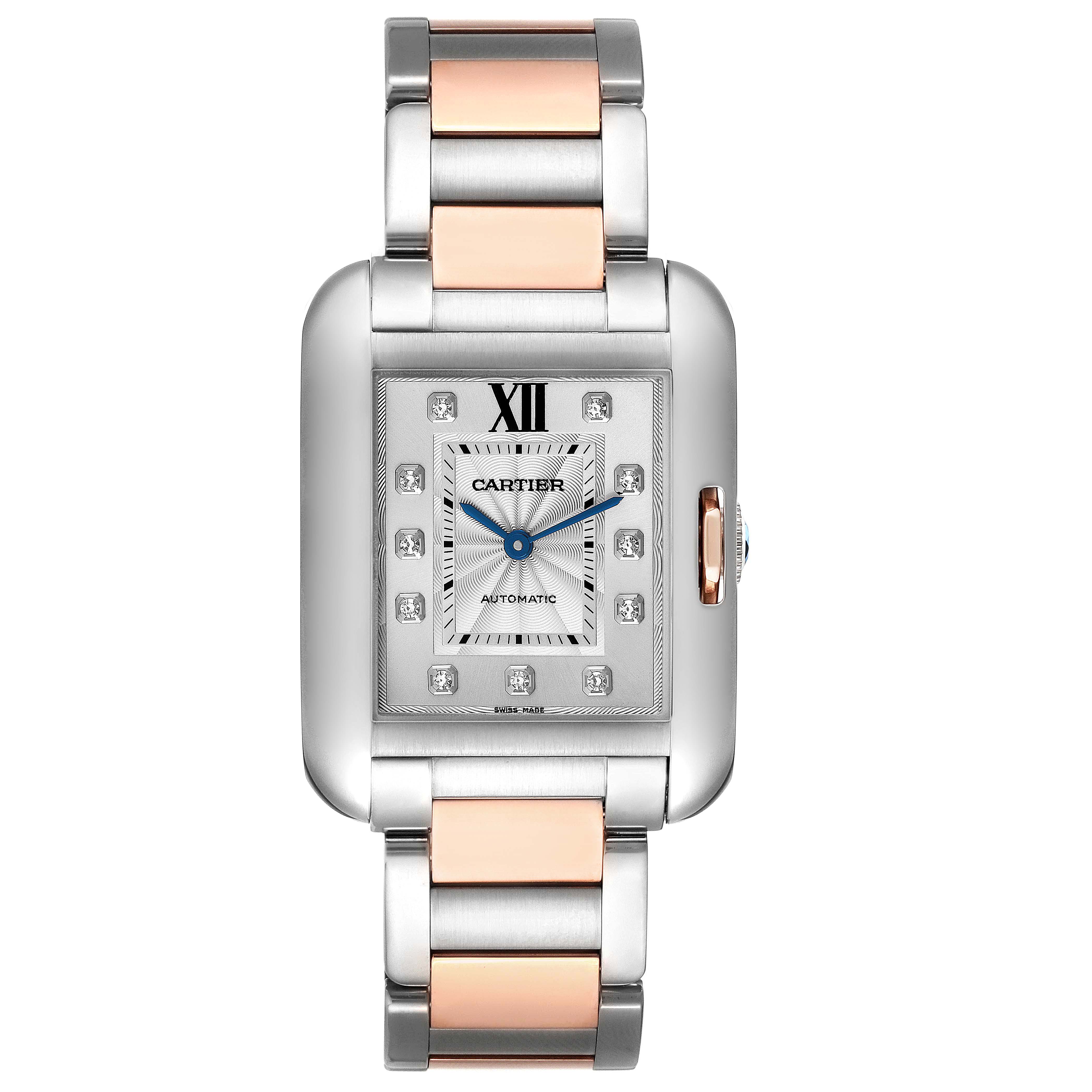 The image shows a front view of the Cartier Tank Anglaise WT100025 Women's Steel and Gold (two tone) Silver Dial WT100025 Women's Steel and Gold (two tone) Silver Dial watch, highlighting the dial, hands, and two-tone bracelet.