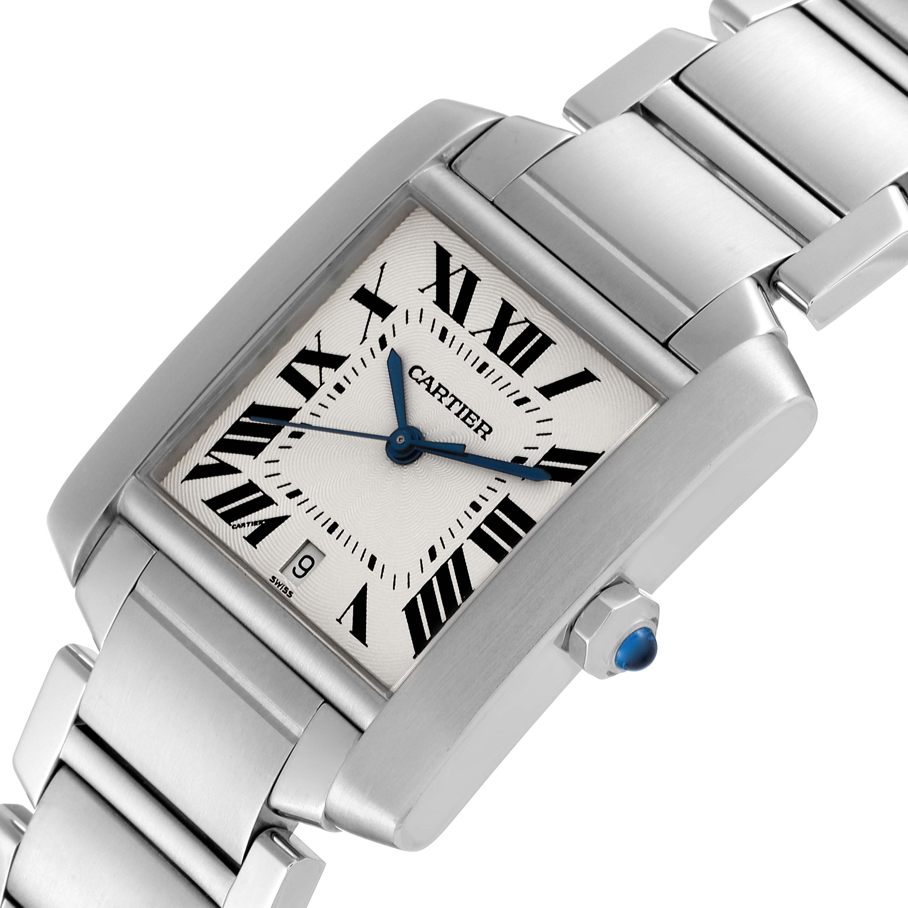 The image shows a close-up, angled view of the Cartier Tank Francaise W51002Q3 Men's Stainless Steel Silver Dial W51002Q3 Men's Stainless Steel Silver Dial watch, highlighting its face, hands, bracelet, and crown.
