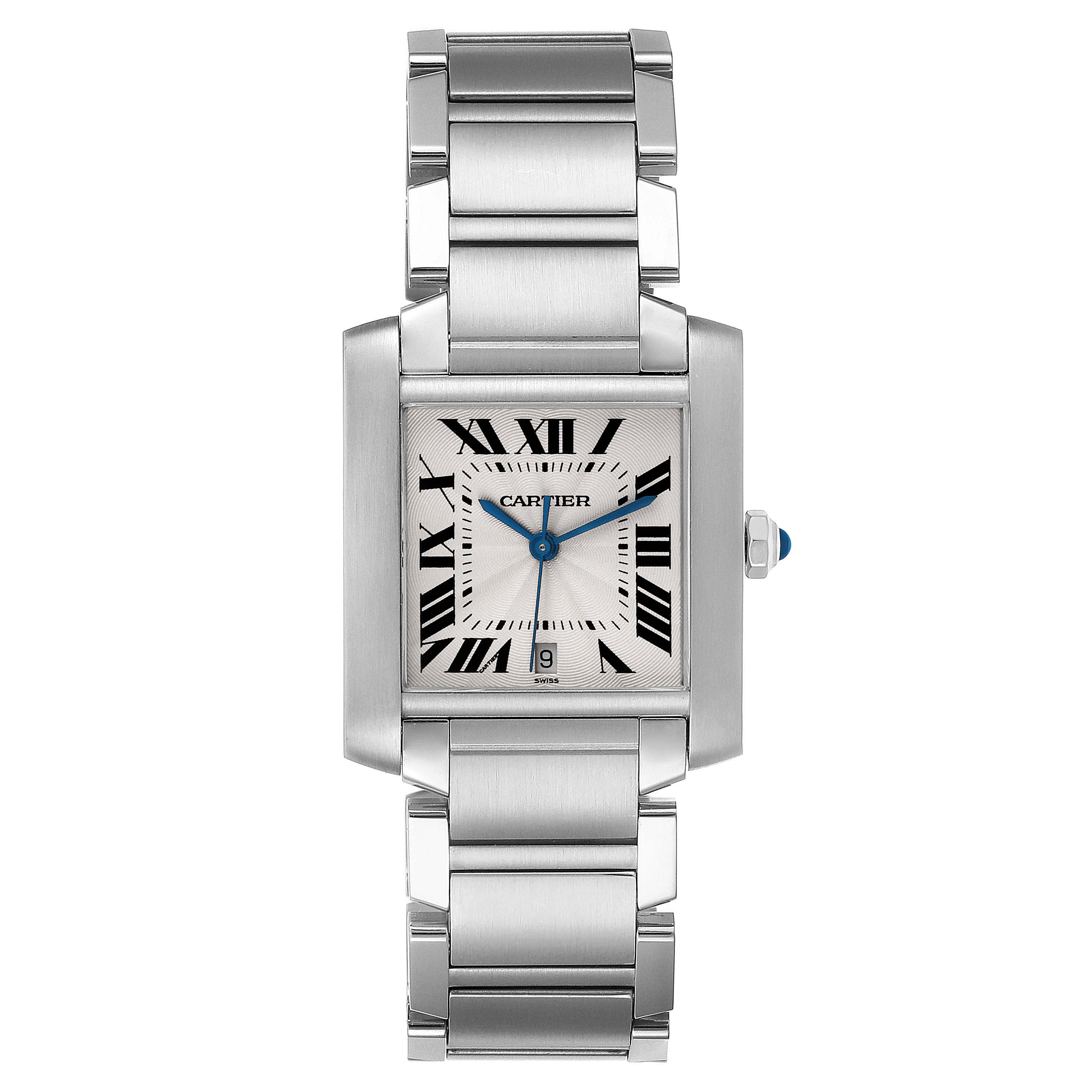 The image shows a Cartier Tank Francaise W51002Q3 Men's Stainless Steel Silver Dial W51002Q3 Men's Stainless Steel Silver Dial watch from the front angle, displaying the dial, bracelet, and crown.