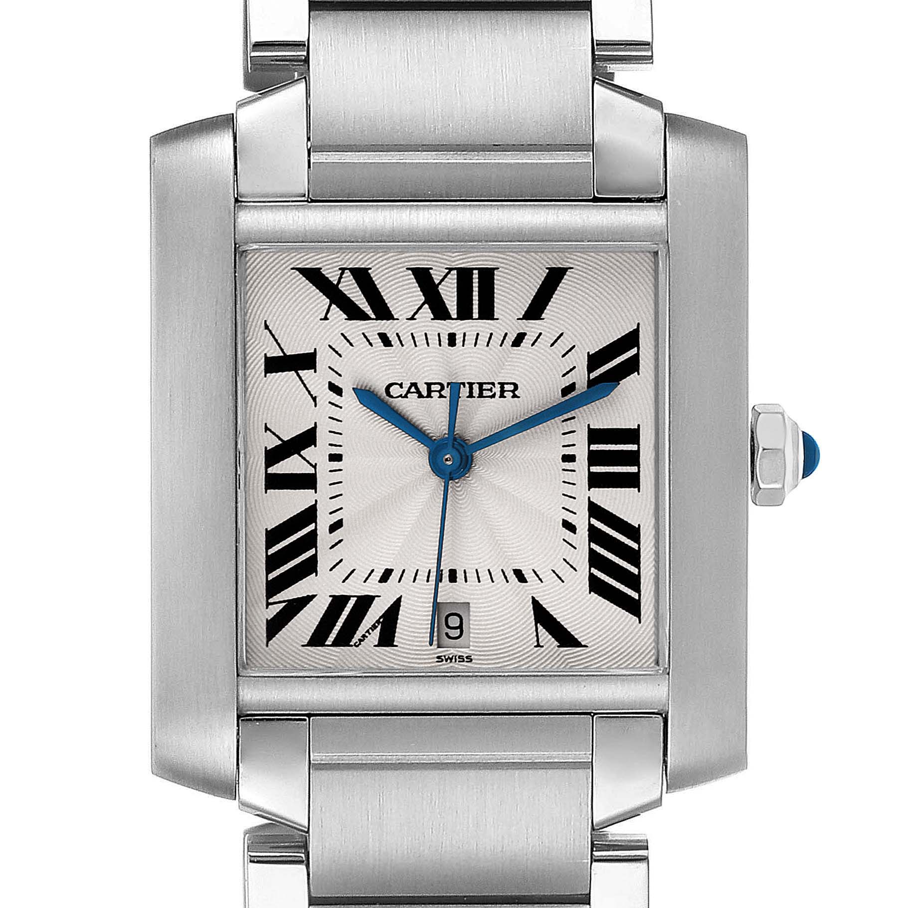The image shows a close-up of the face and metal bracelet of the Cartier Tank Francaise W51002Q3 Men's Stainless Steel Silver Dial W51002Q3 Men's Stainless Steel Silver Dial model watch.