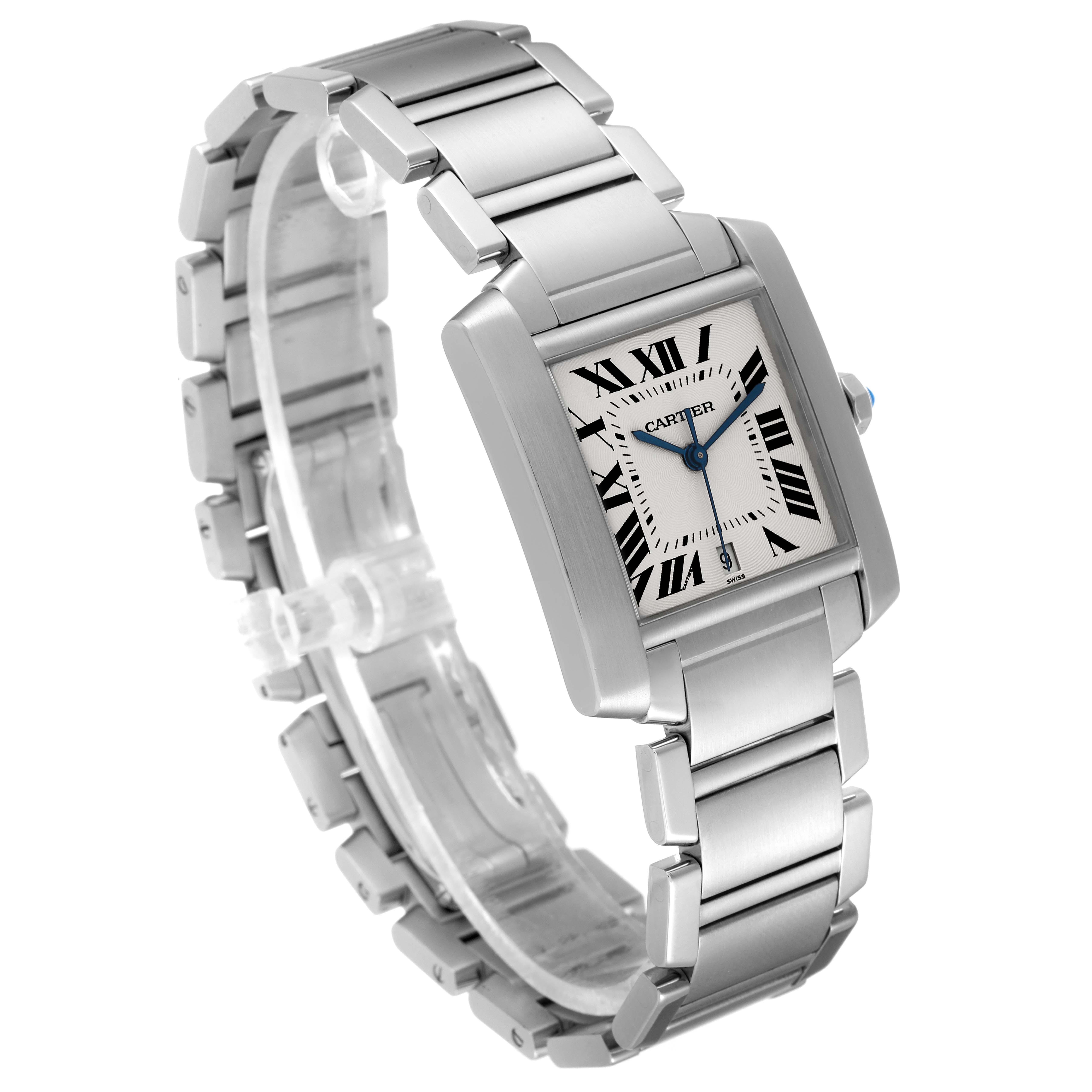 This image shows the Cartier Tank Francaise W51002Q3 Men's Stainless Steel Silver Dial W51002Q3 Men's Stainless Steel Silver Dial watch angled slightly to display its face, bracelet, and side.