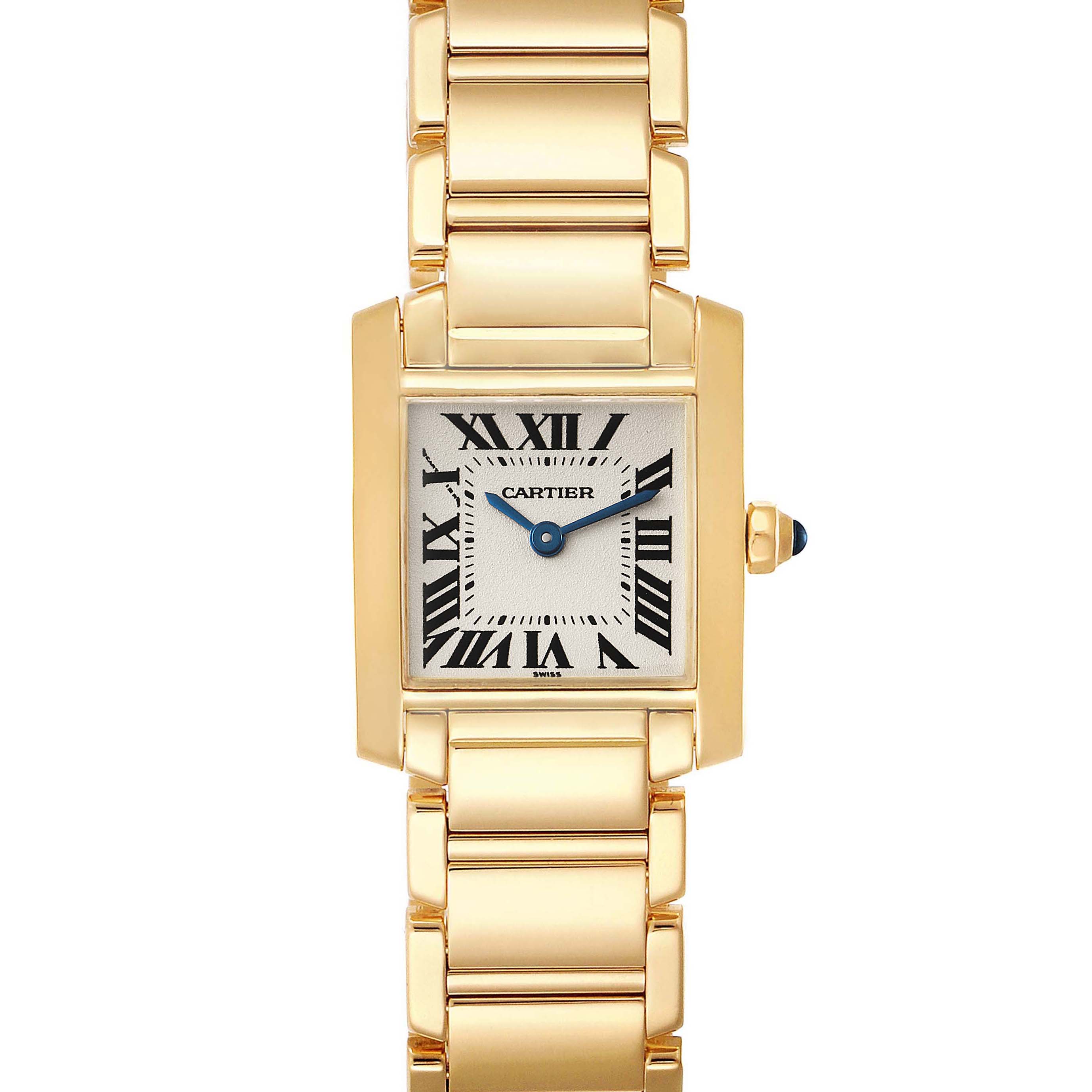 This image shows a frontal view of the Cartier Tank Francaise W50002N2 Women's Yellow Gold Silver Dial W50002N2 Women's Yellow Gold Silver Dial model, highlighting its bracelet, dial, and crown with a blue cabochon.