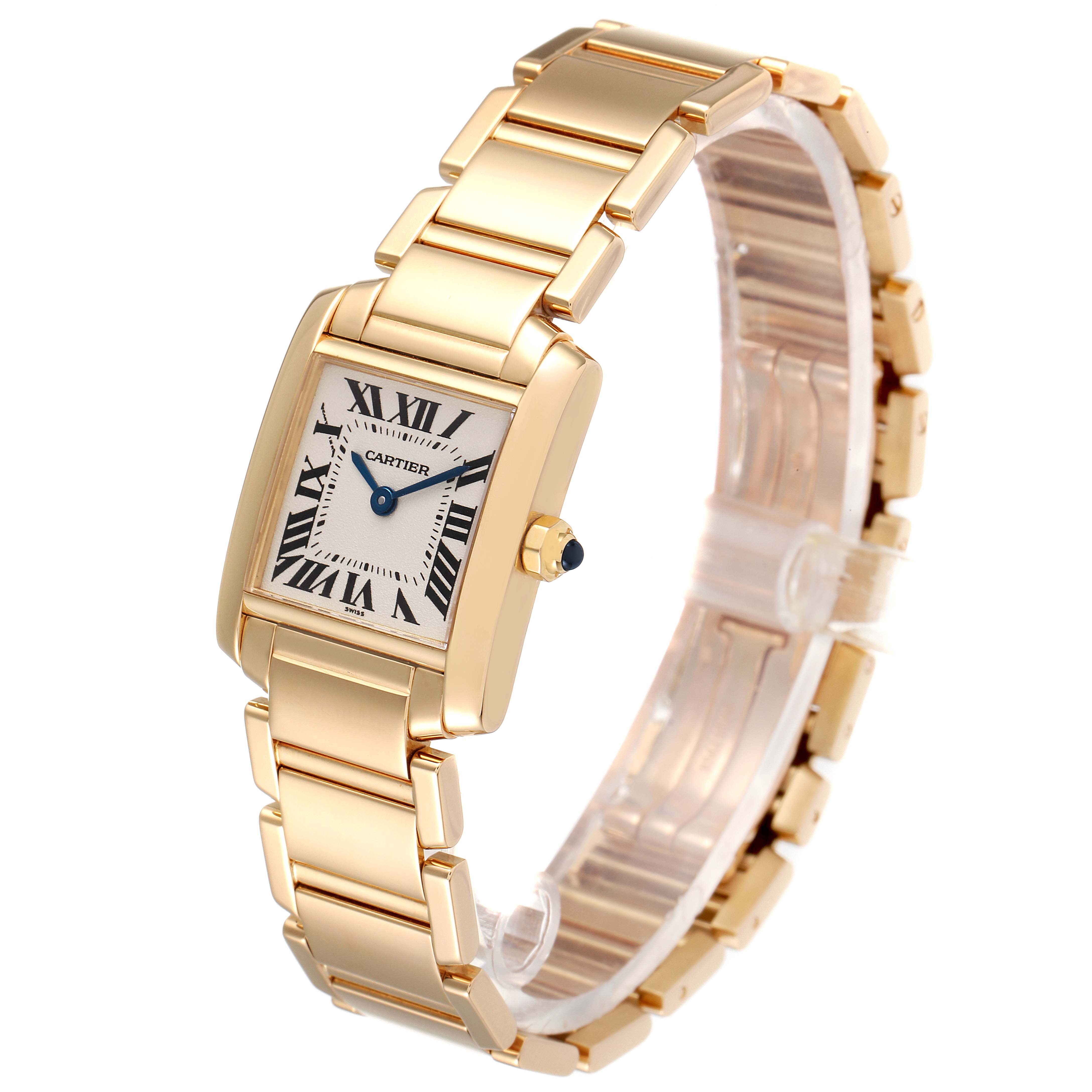 The image shows a Cartier Tank Francaise W50002N2 Women's Yellow Gold Silver Dial W50002N2 Women's Yellow Gold Silver Dial watch at an angled view, highlighting its rectangular face and gold bracelet.